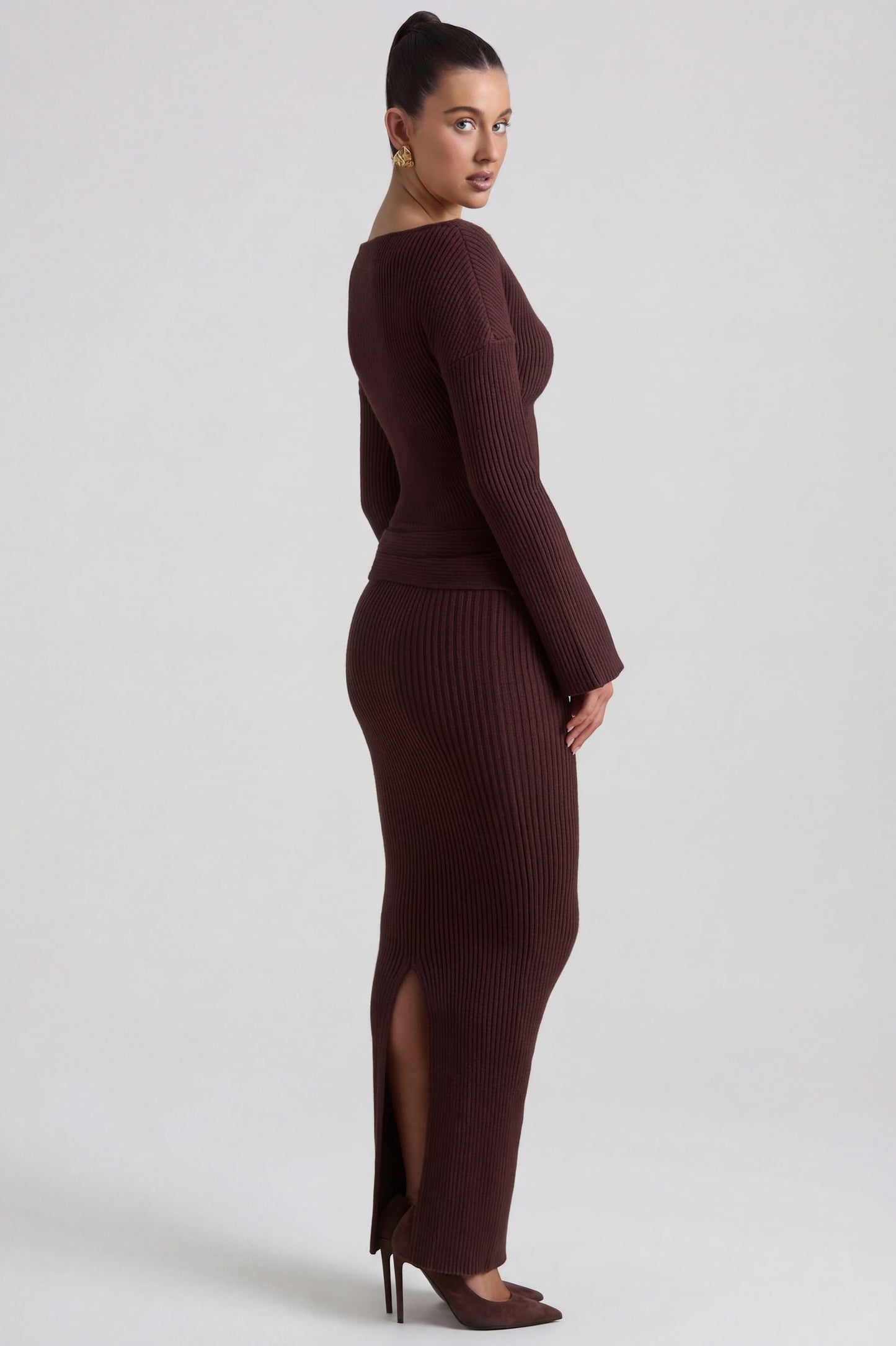 Ribbed-Knit Foldover Maxi Skirt in Espresso