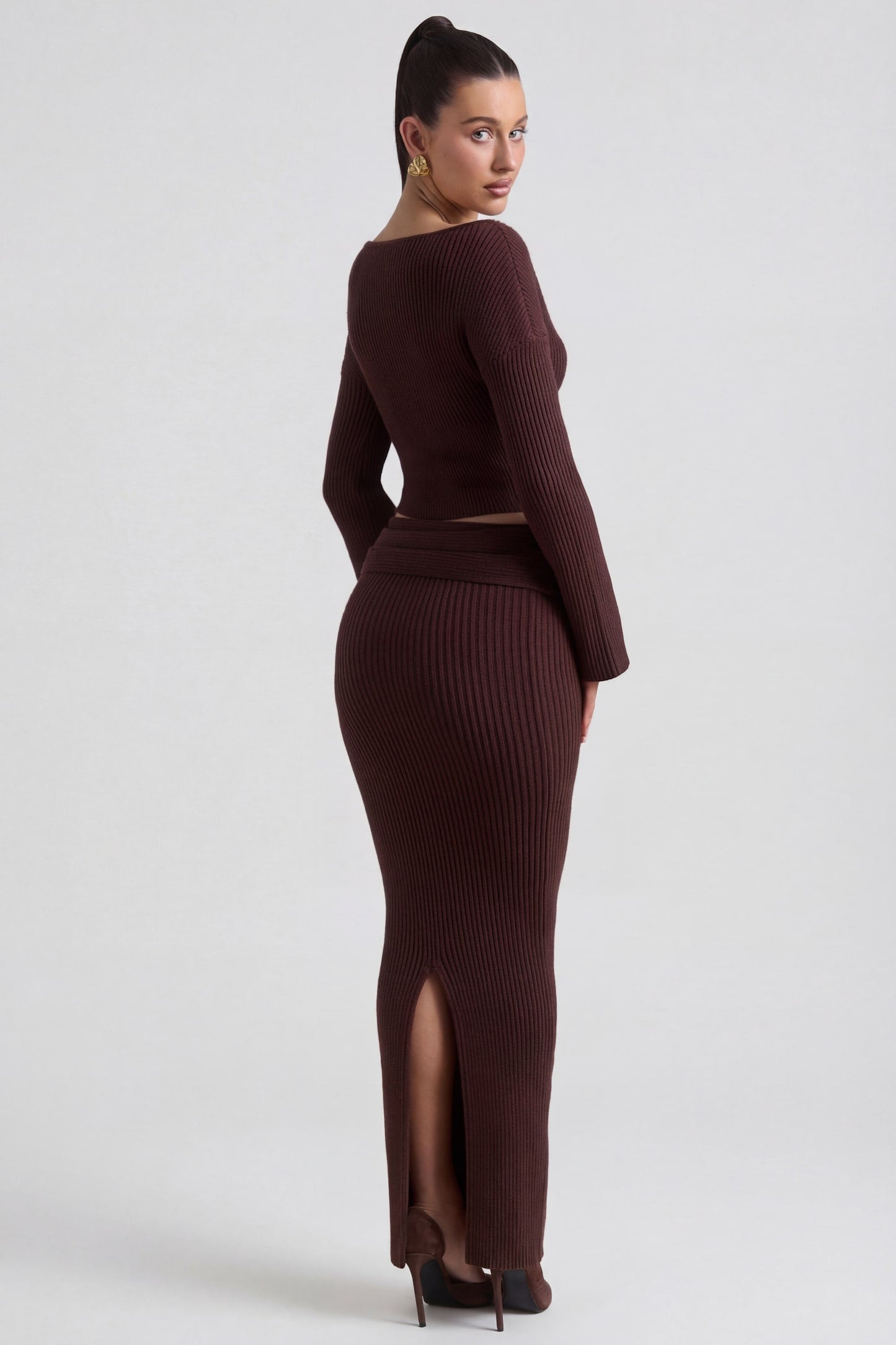 Ribbed-Knit Foldover Maxi Skirt in Espresso