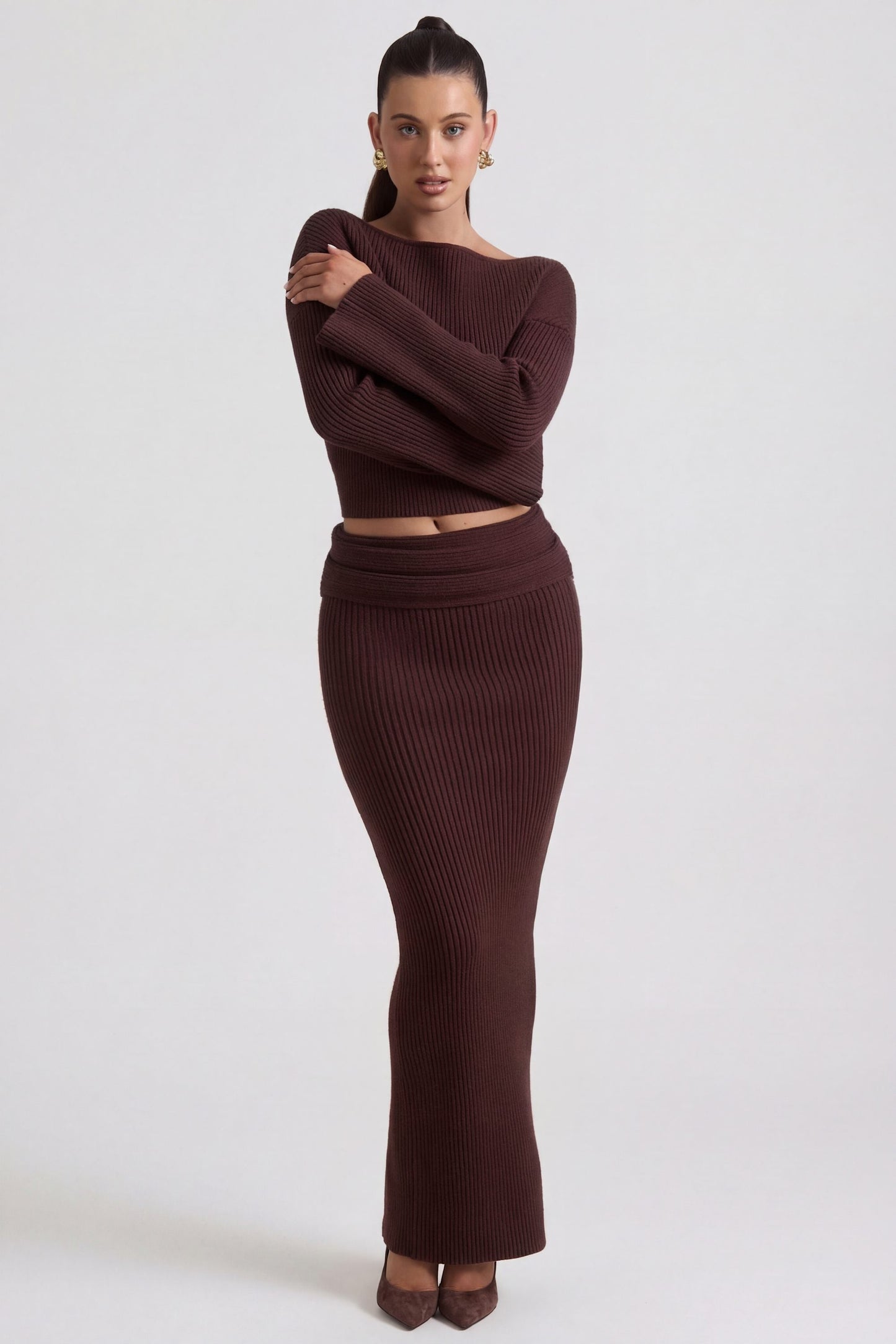 Ribbed-Knit Foldover Maxi Skirt in Espresso