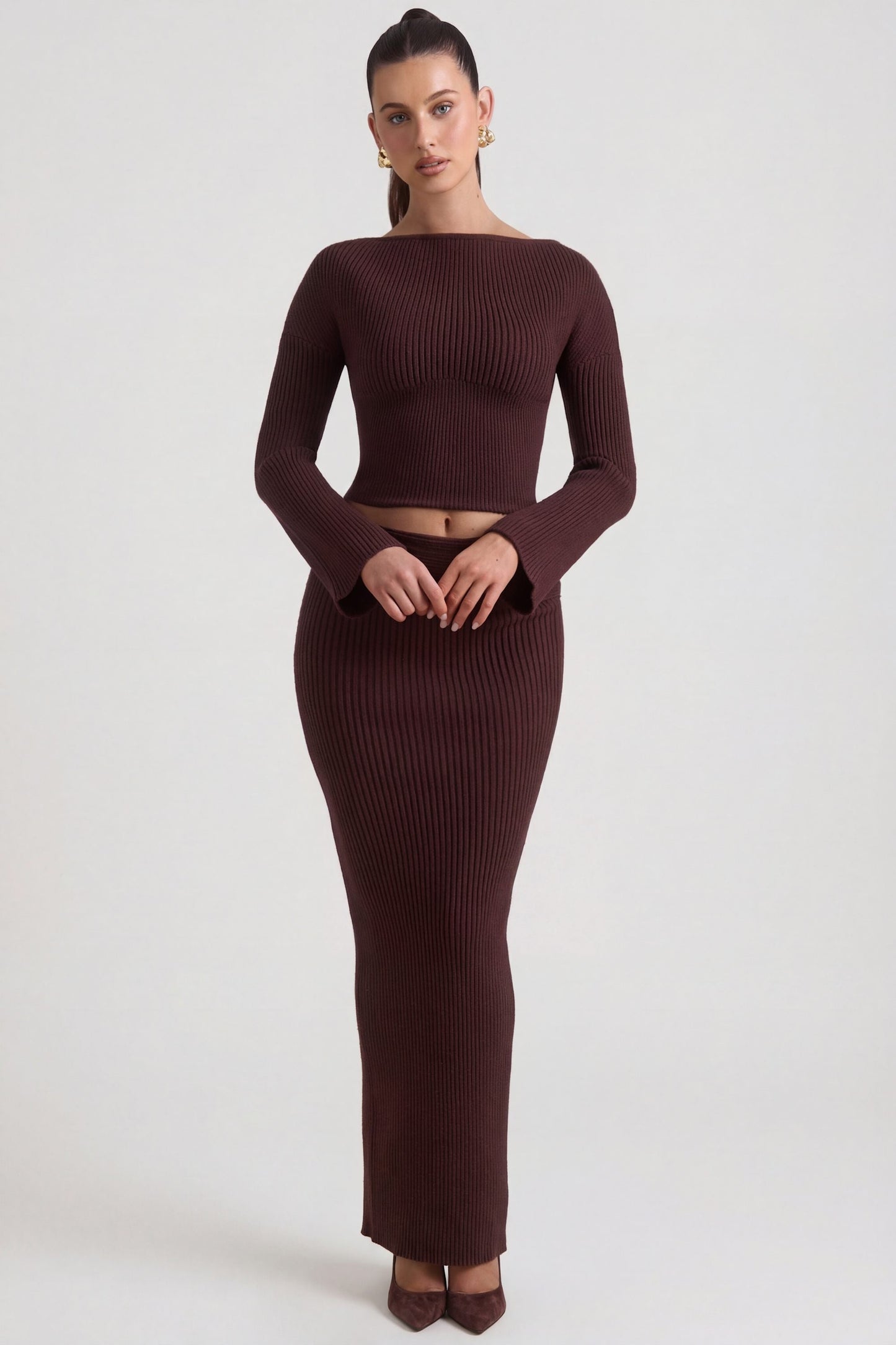 Ribbed-Knit Foldover Maxi Skirt in Espresso