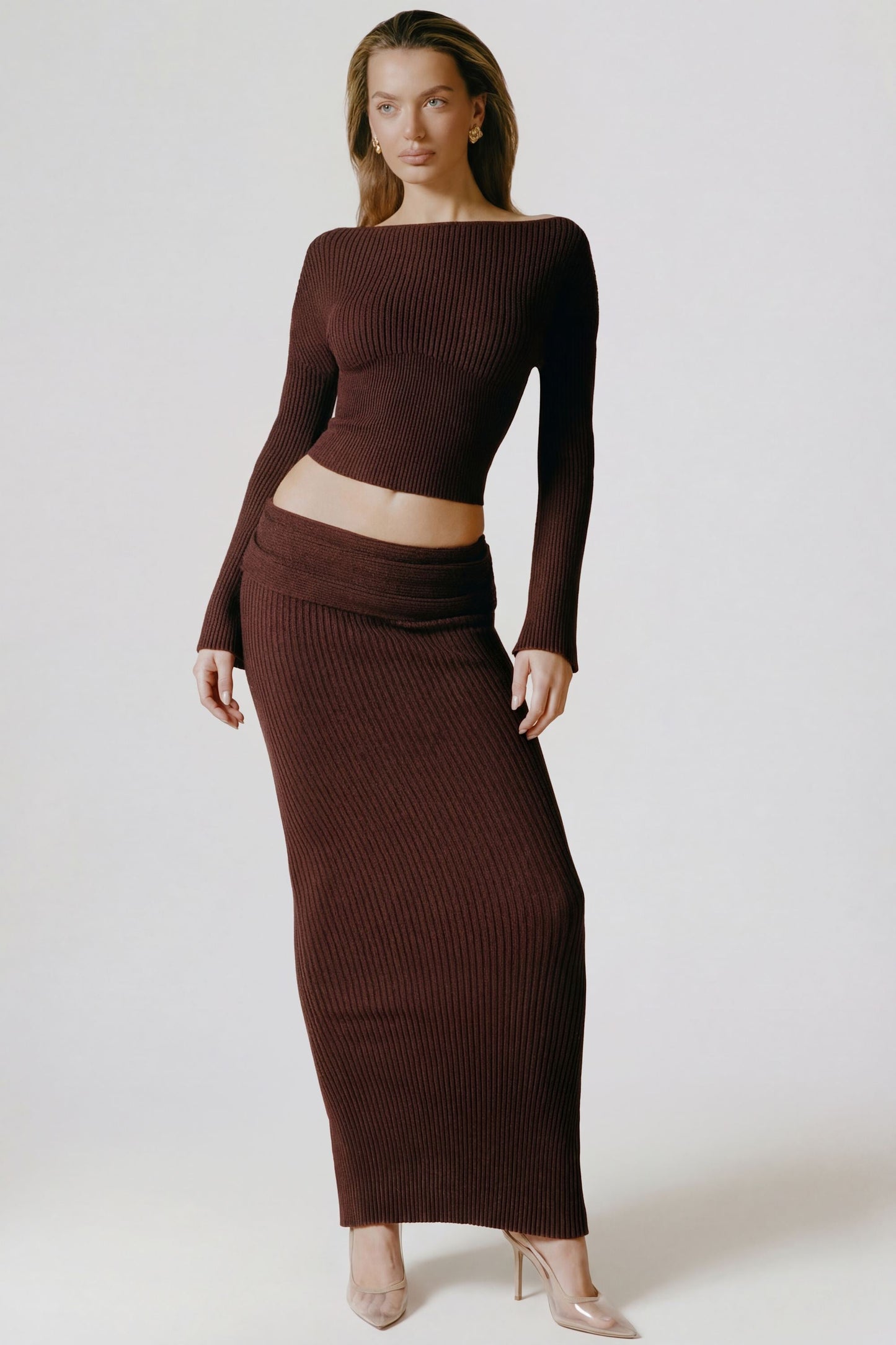 Ribbed-Knit Foldover Maxi Skirt in Espresso