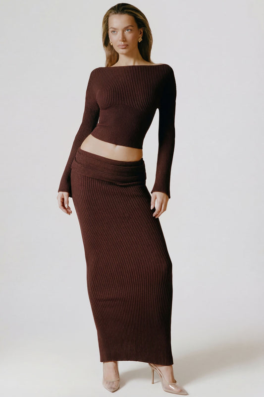 Ribbed-Knit Foldover Maxi Skirt in Espresso