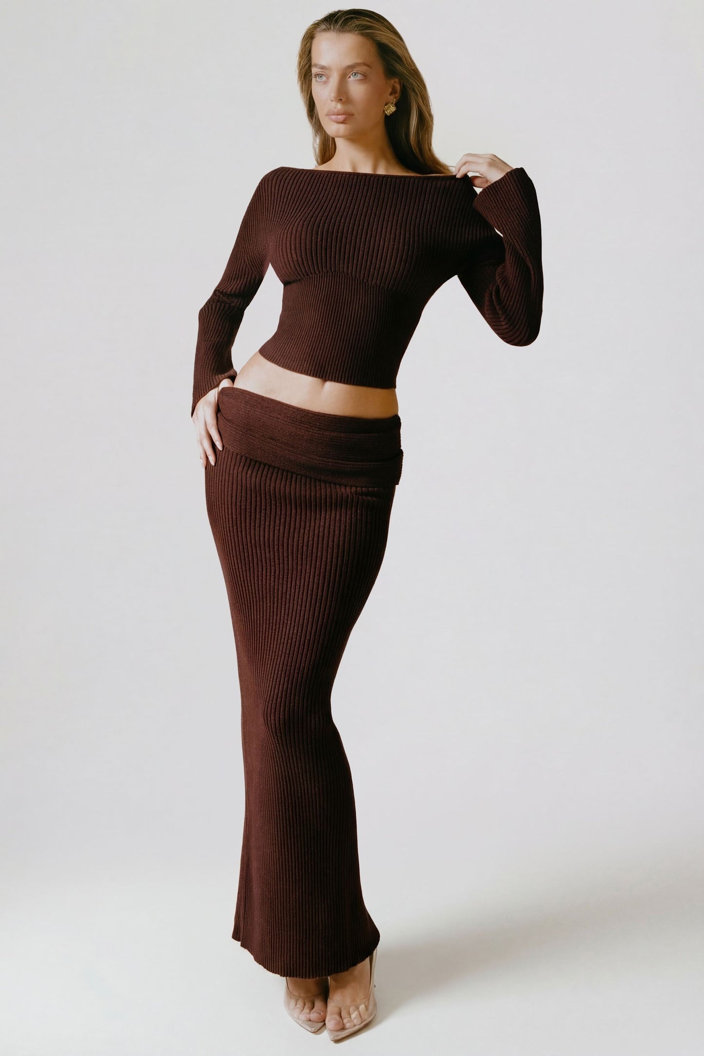 Ribbed-Knit Foldover Maxi Skirt in Espresso