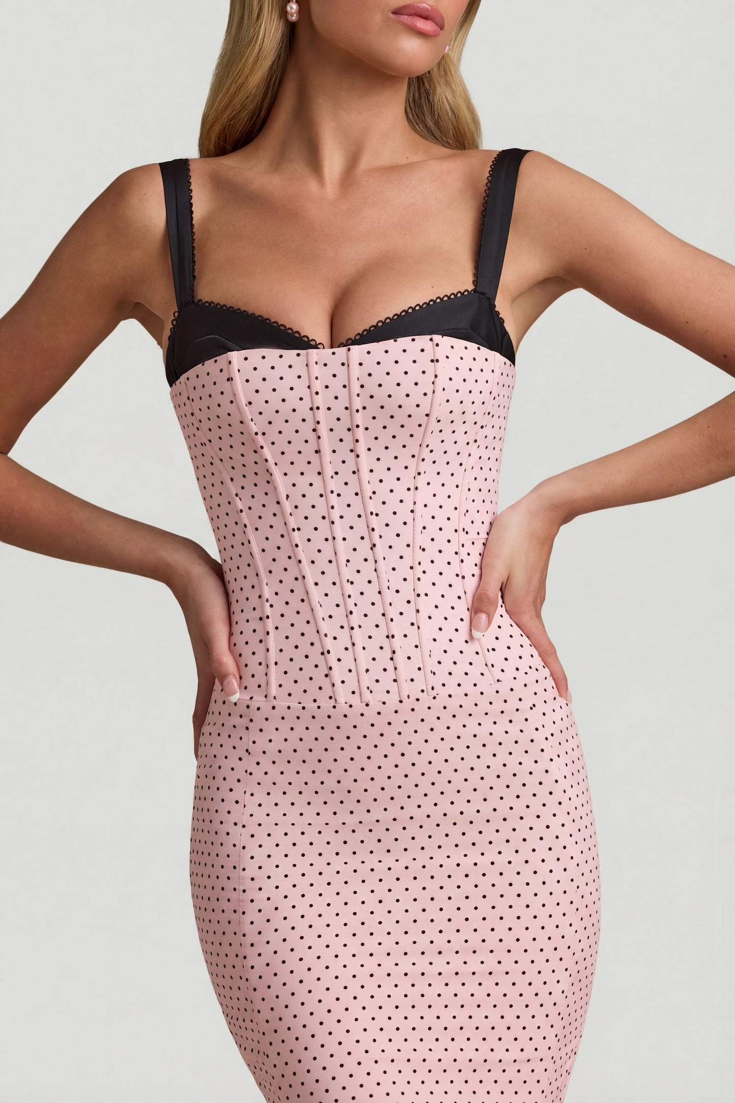 Layered Bra-Detail Fishtail Midaxi Dress in Pink Polka Dot
