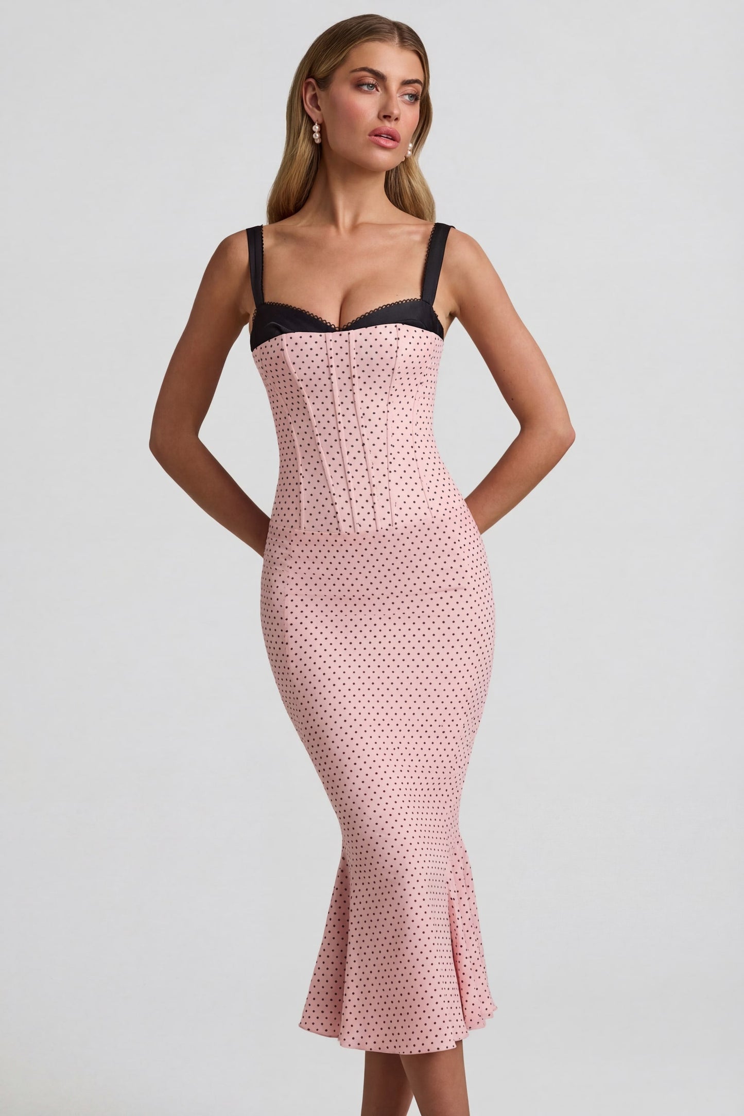 Layered Bra-Detail Fishtail Midaxi Dress in Pink Polka Dot