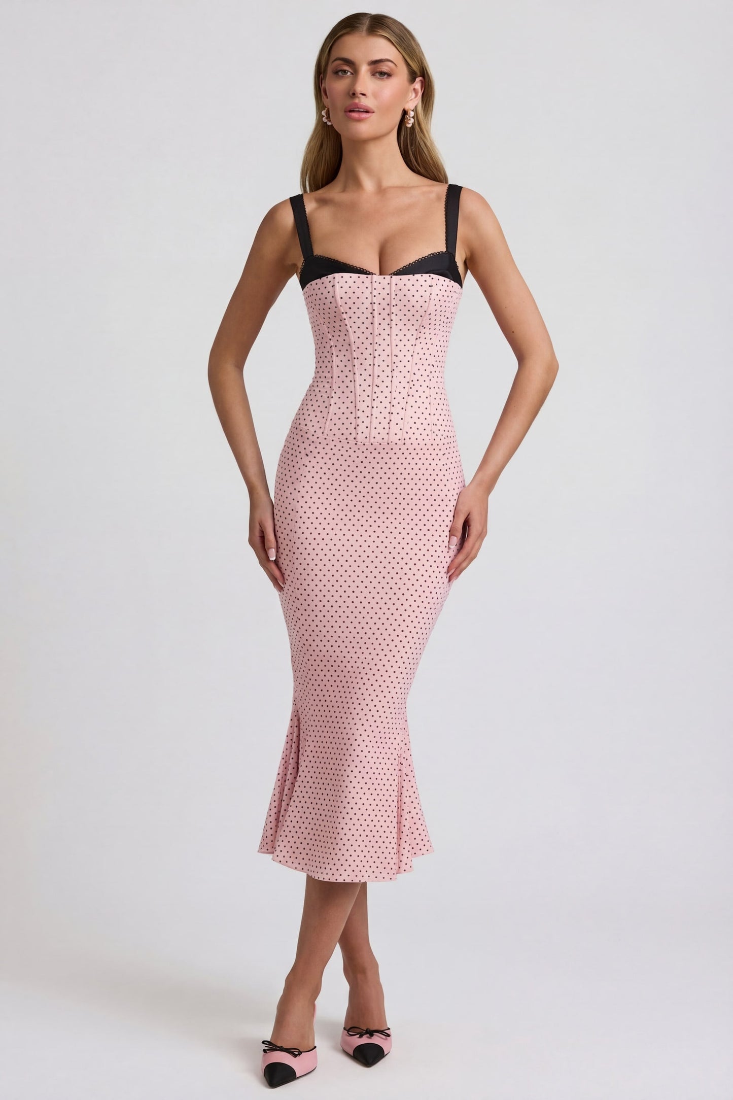Layered Bra-Detail Fishtail Midaxi Dress in Pink Polka Dot
