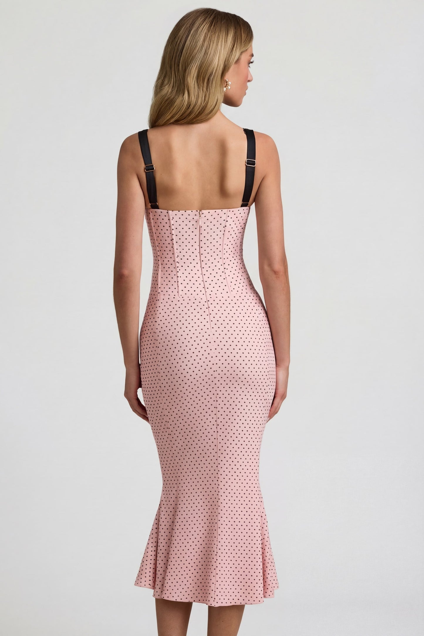 Layered Bra-Detail Fishtail Midaxi Dress in Pink Polka Dot