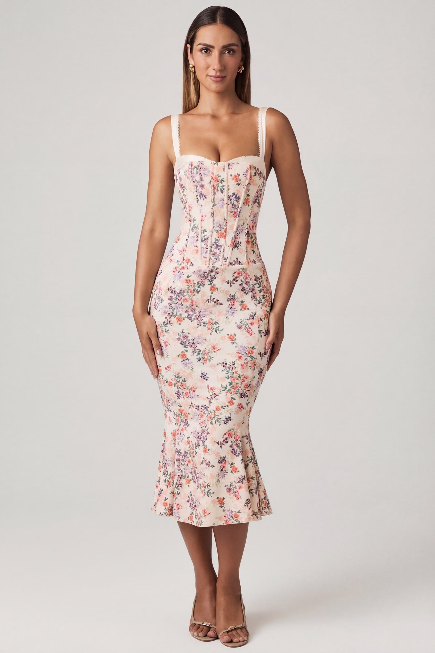 Layered Bra-Detail Fishtail Midaxi Dress in Primrose Floral Print