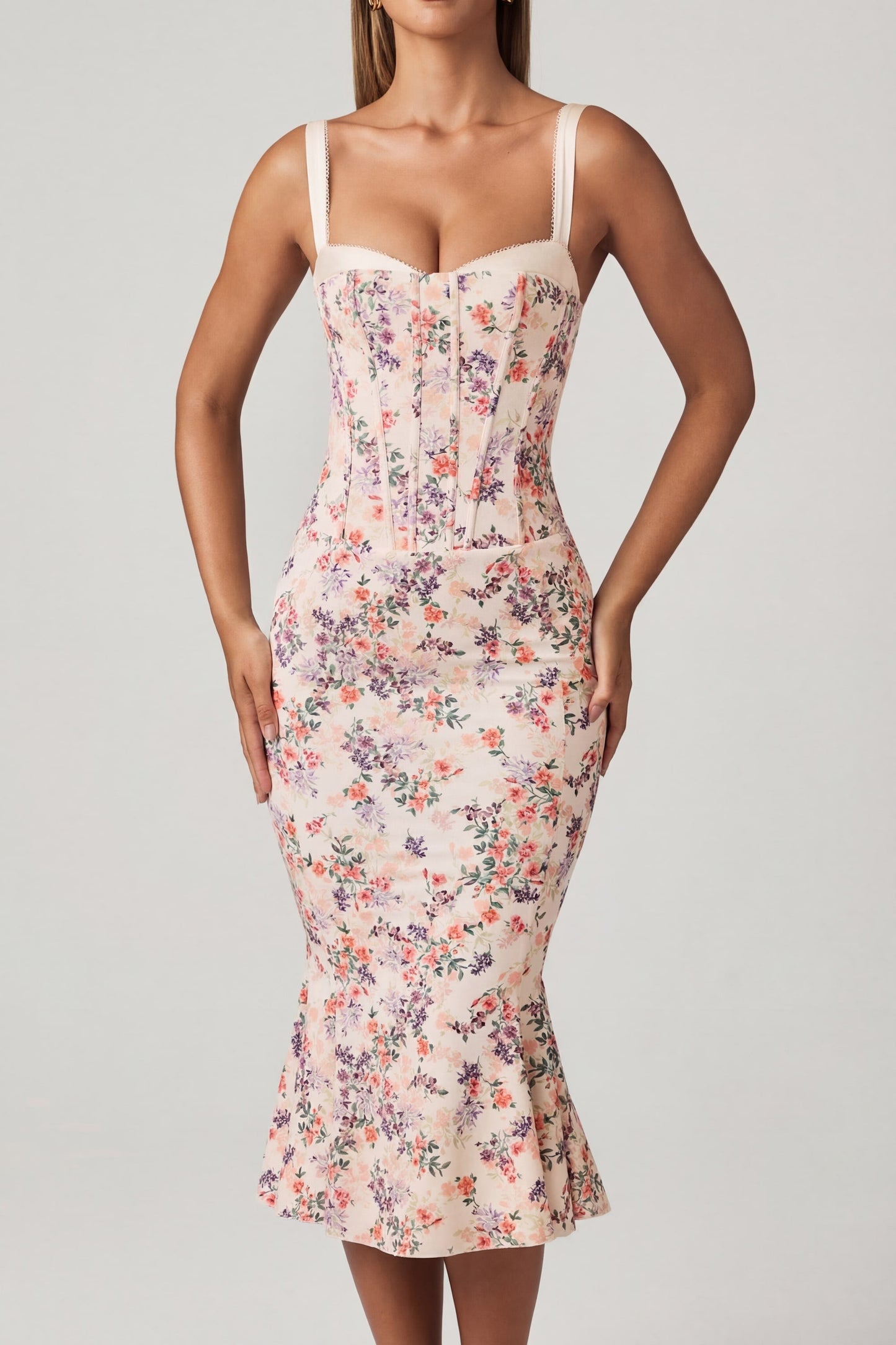Layered Bra-Detail Fishtail Midaxi Dress in Primrose Floral Print