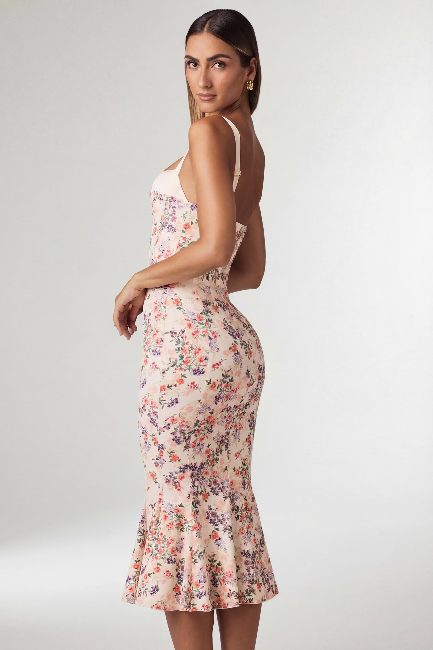 Layered Bra-Detail Fishtail Midaxi Dress in Primrose Floral Print