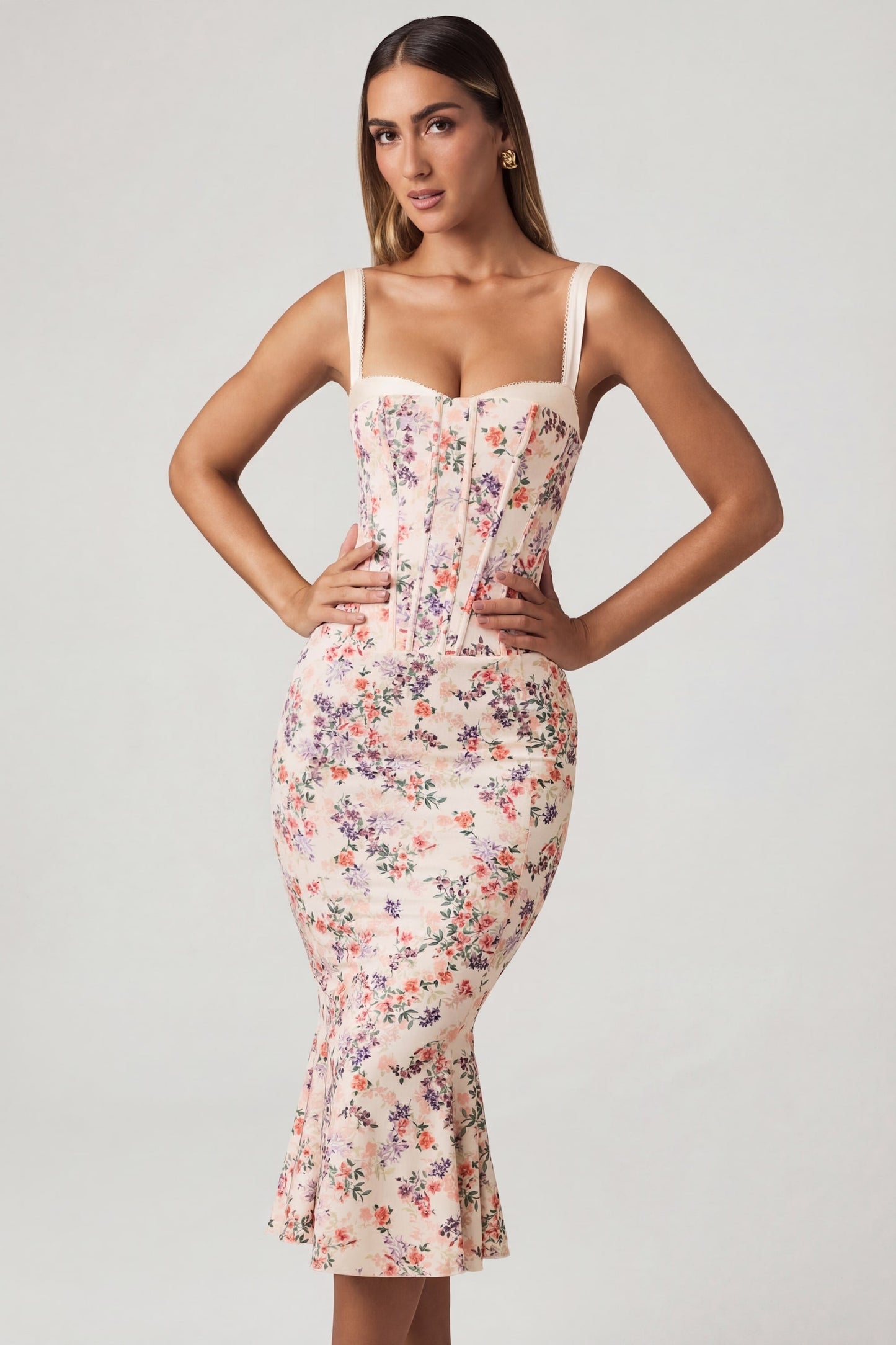 Layered Bra-Detail Fishtail Midaxi Dress in Primrose Floral Print
