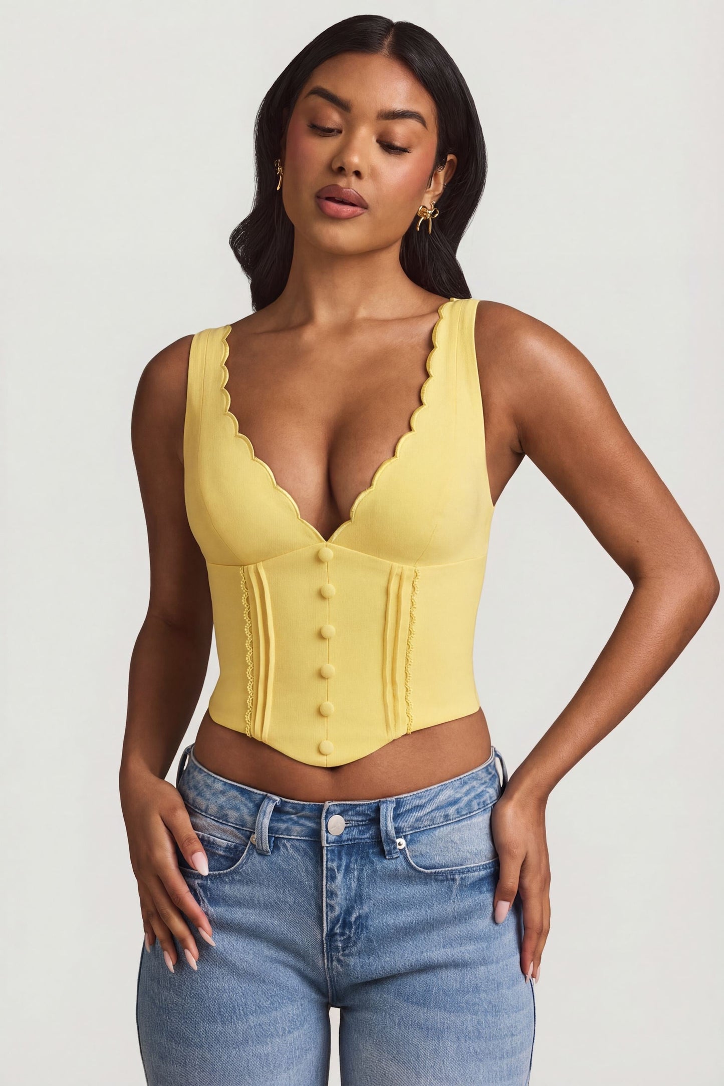 Plunge-Neck Scalloped Corset Top in Pastel Yellow