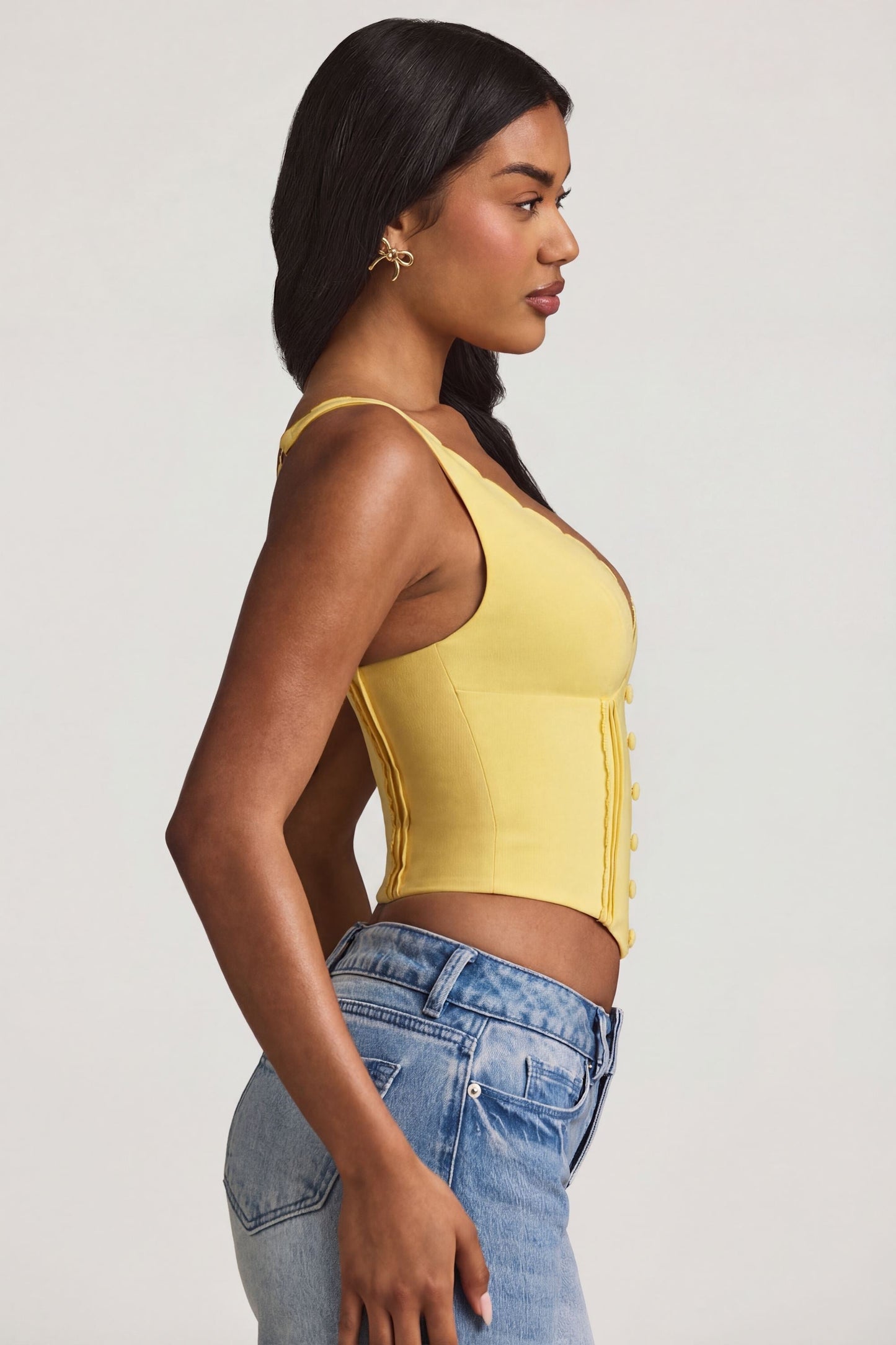 Plunge-Neck Scalloped Corset Top in Pastel Yellow