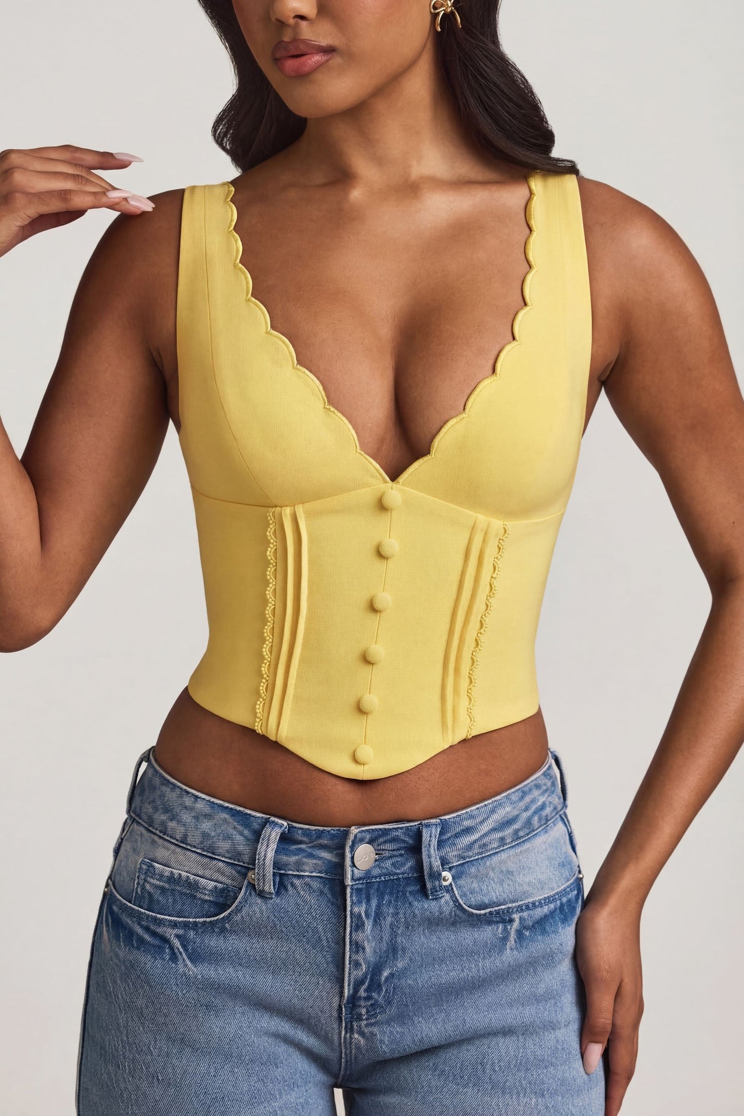Plunge-Neck Scalloped Corset Top in Pastel Yellow