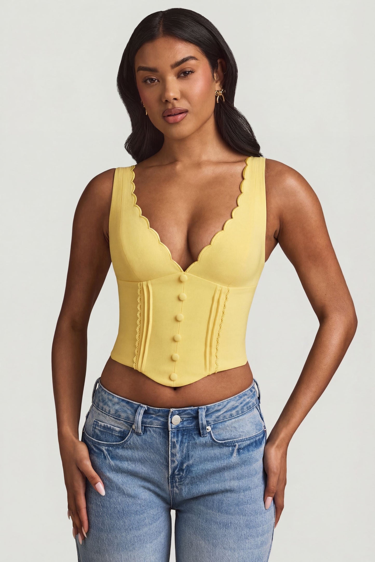 Plunge-Neck Scalloped Corset Top in Pastel Yellow