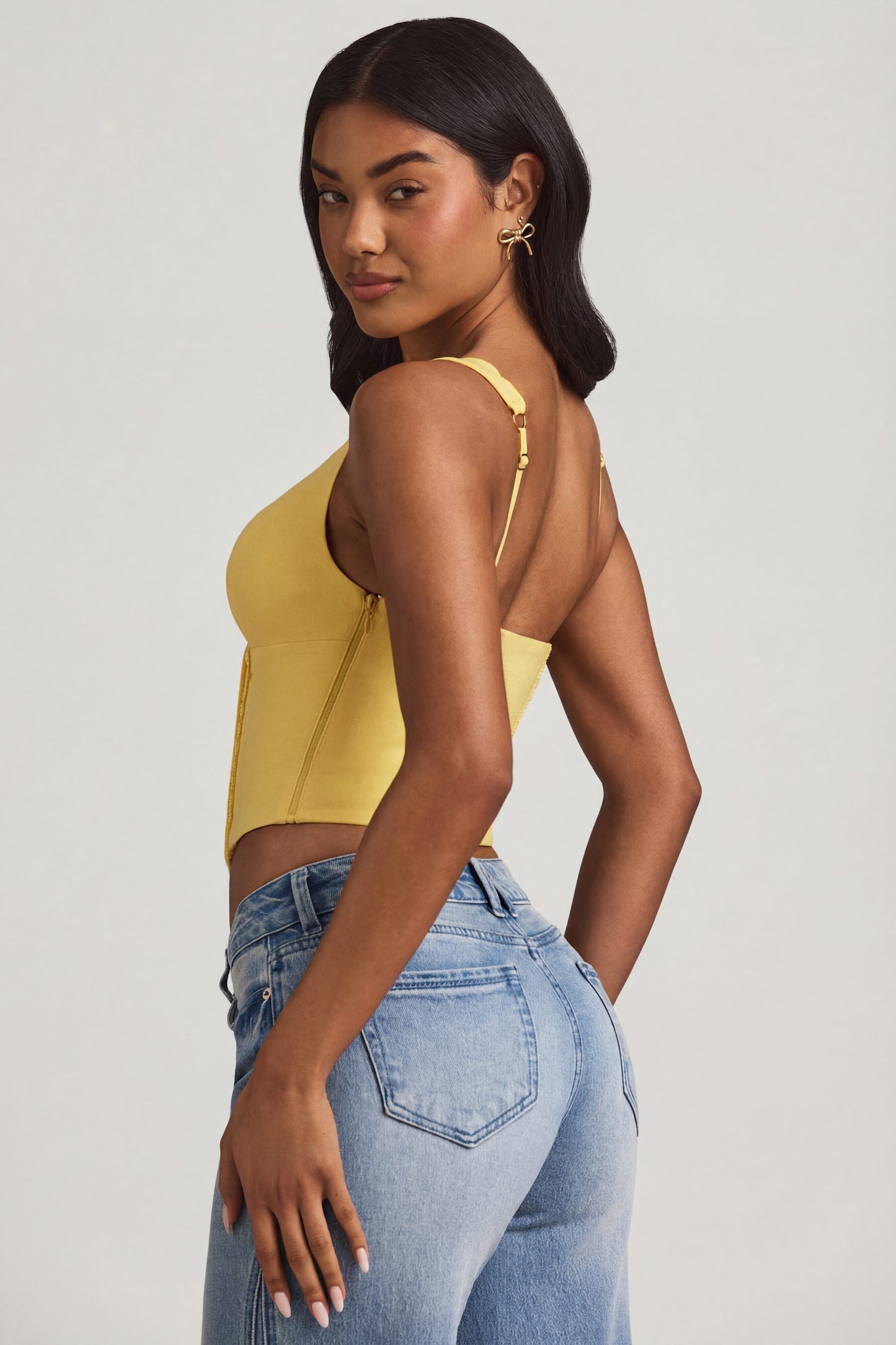Plunge-Neck Scalloped Corset Top in Pastel Yellow