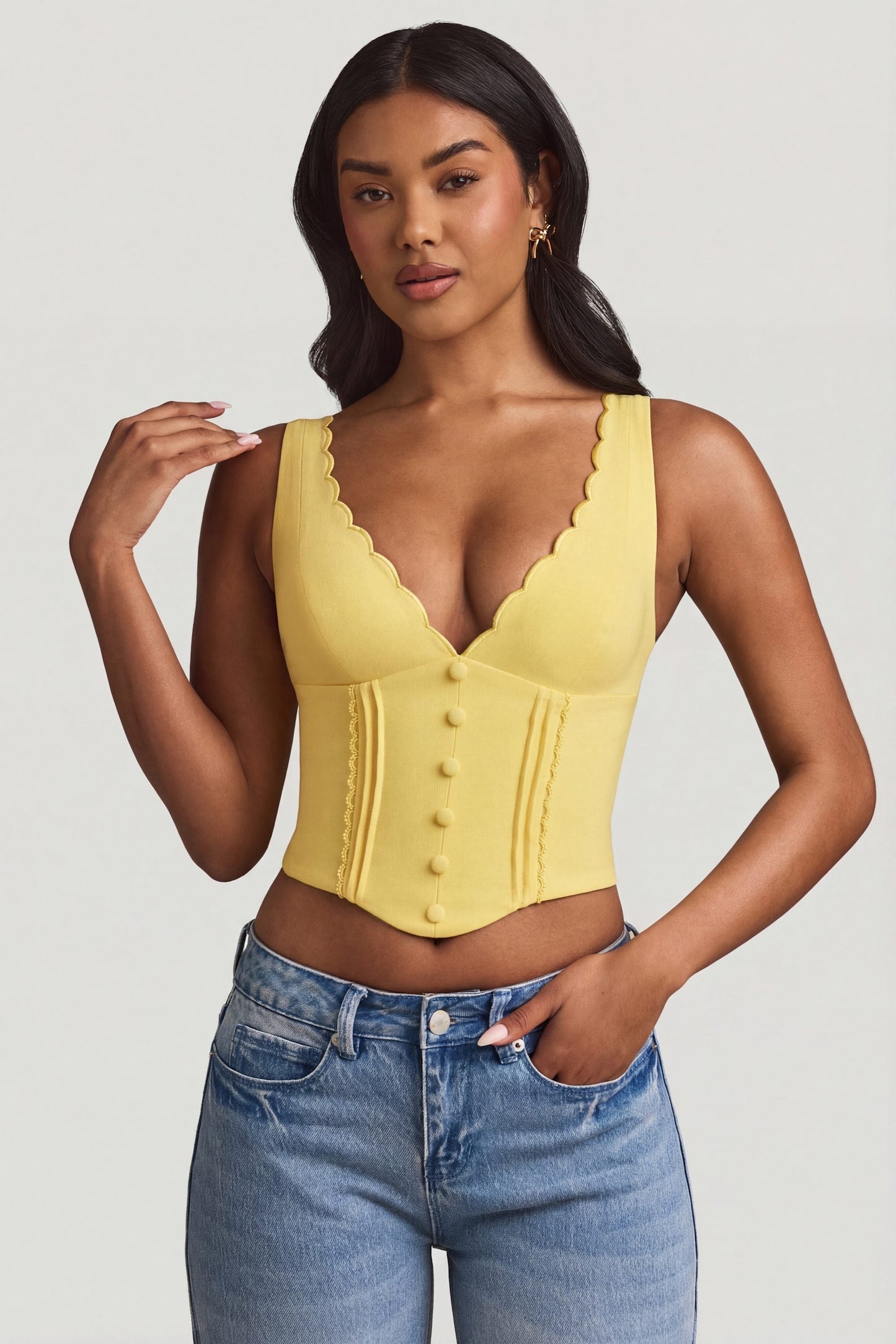 Plunge-Neck Scalloped Corset Top in Pastel Yellow