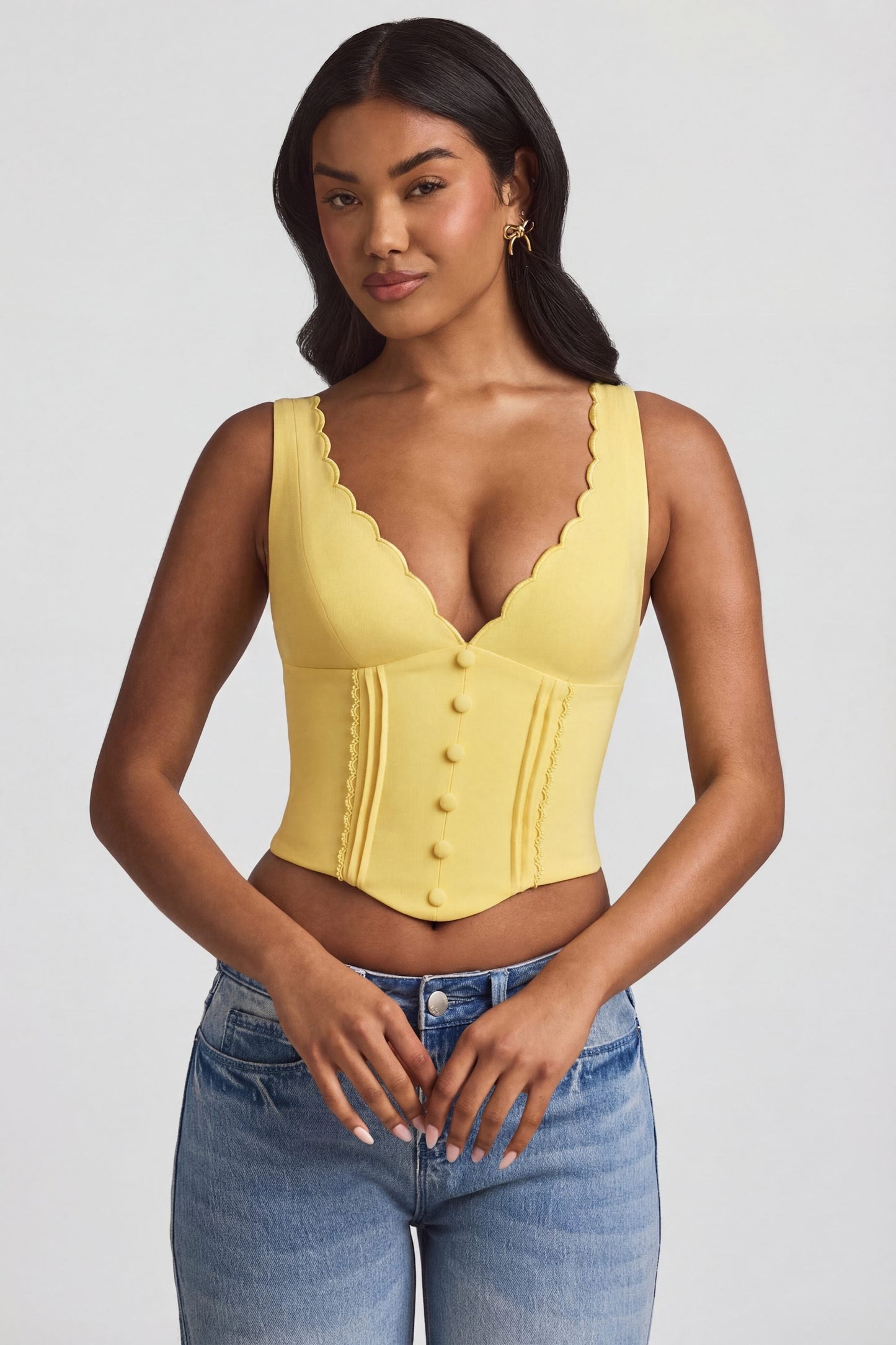 Plunge-Neck Scalloped Corset Top in Pastel Yellow