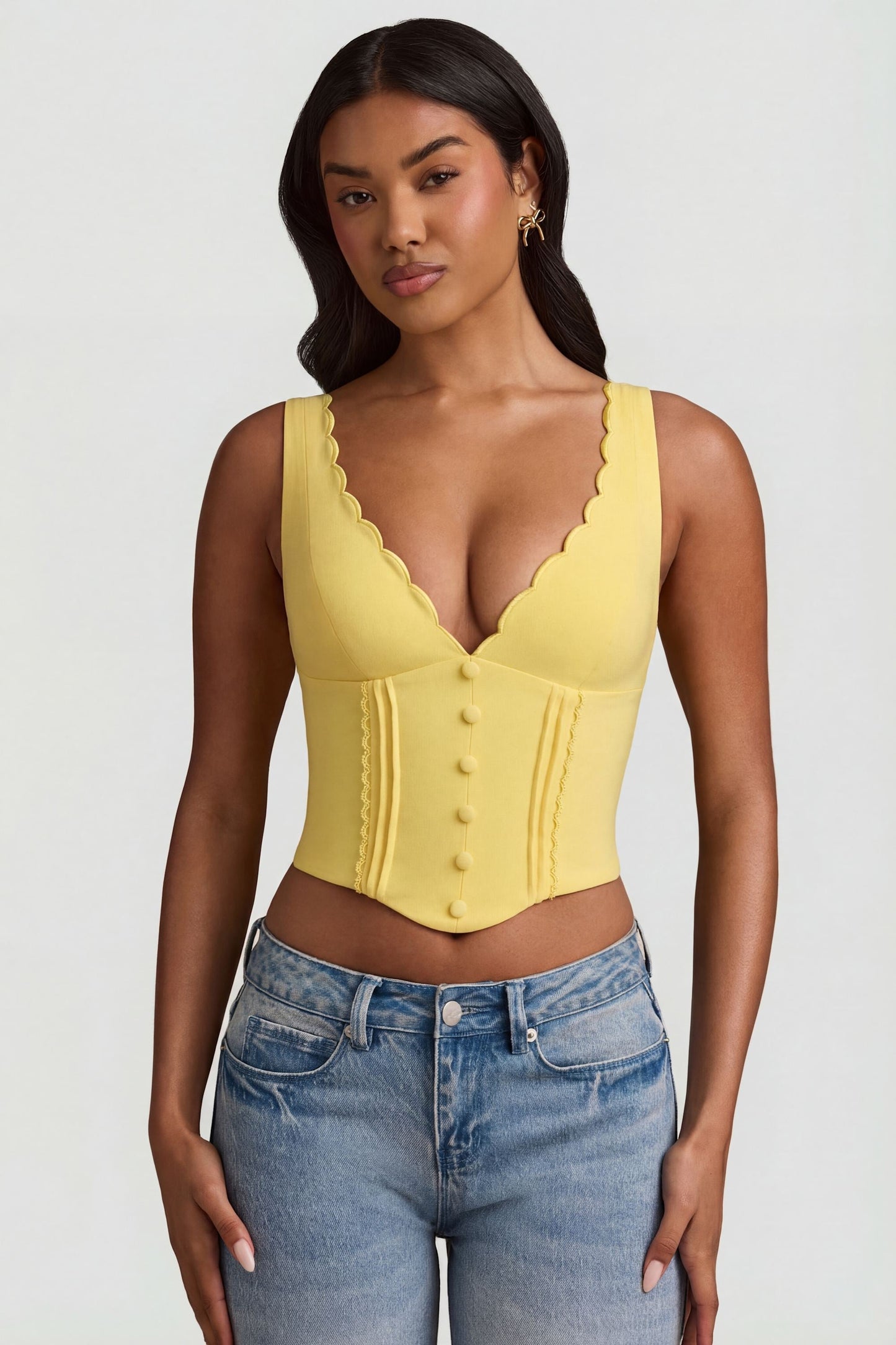 Plunge-Neck Scalloped Corset Top in Pastel Yellow