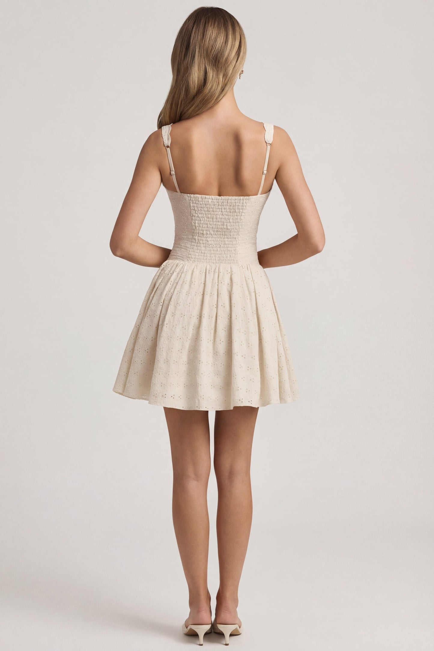Broderie Anglaise Bow-Detail A-Line Mini Dress in Ivory