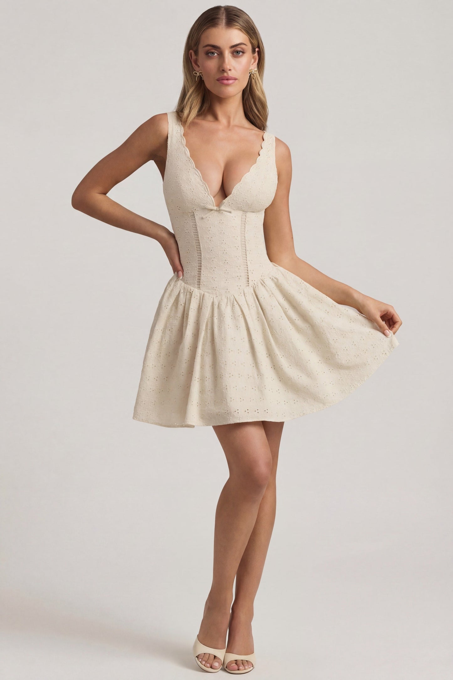 Broderie Anglaise Bow-Detail A-Line Mini Dress in Ivory