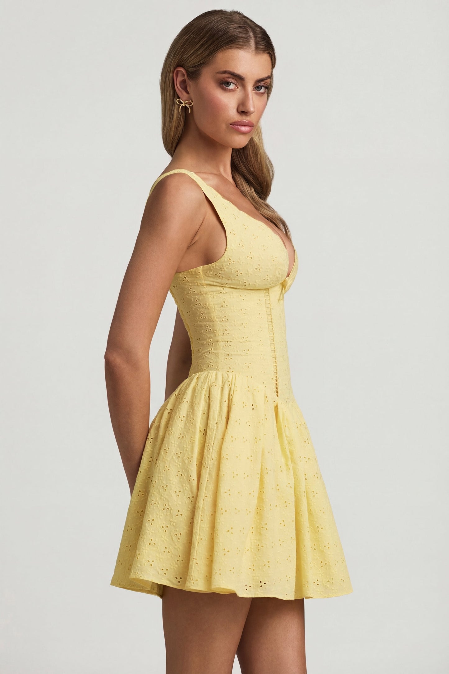 Broderie Anglaise Bow-Detail A-Line Mini Dress in Pastel Yellow