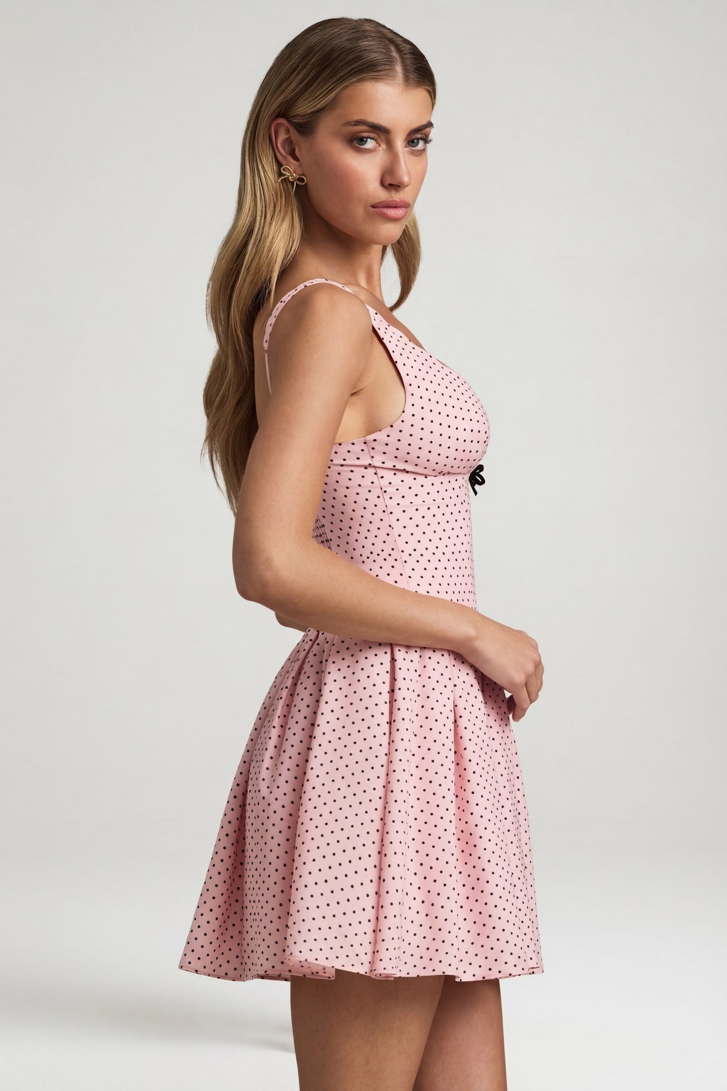 Bow-Detail A-Line Mini Dress in Pink Polka Dot