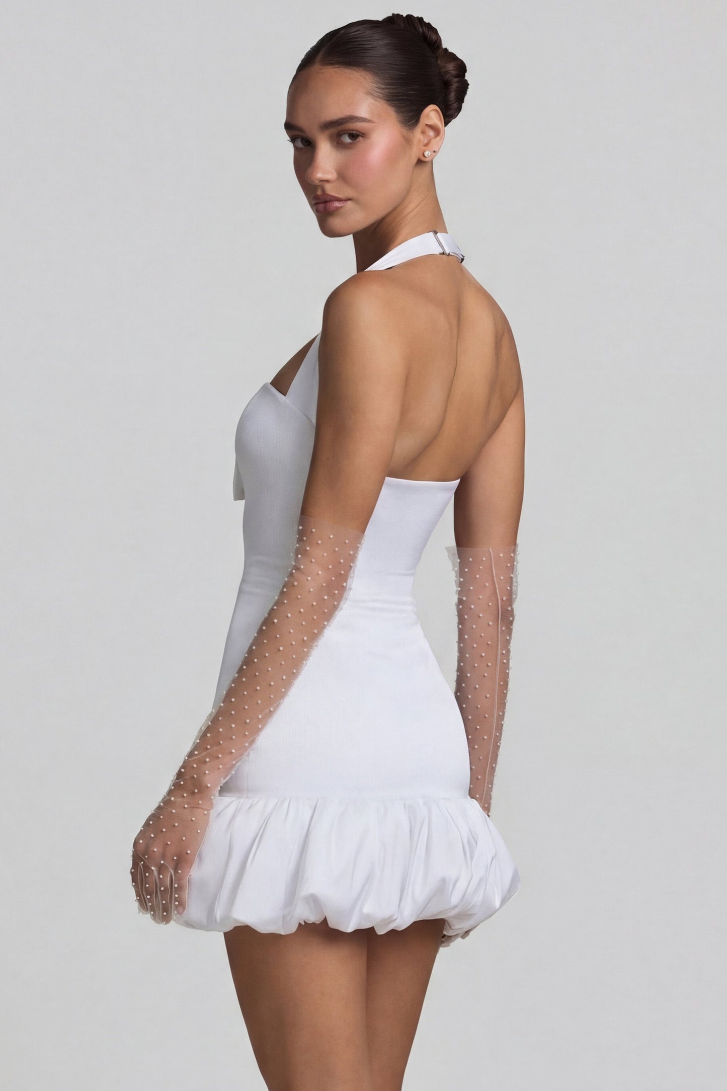 Bow-Detail Halterneck Bubble Hem Mini Dress in White