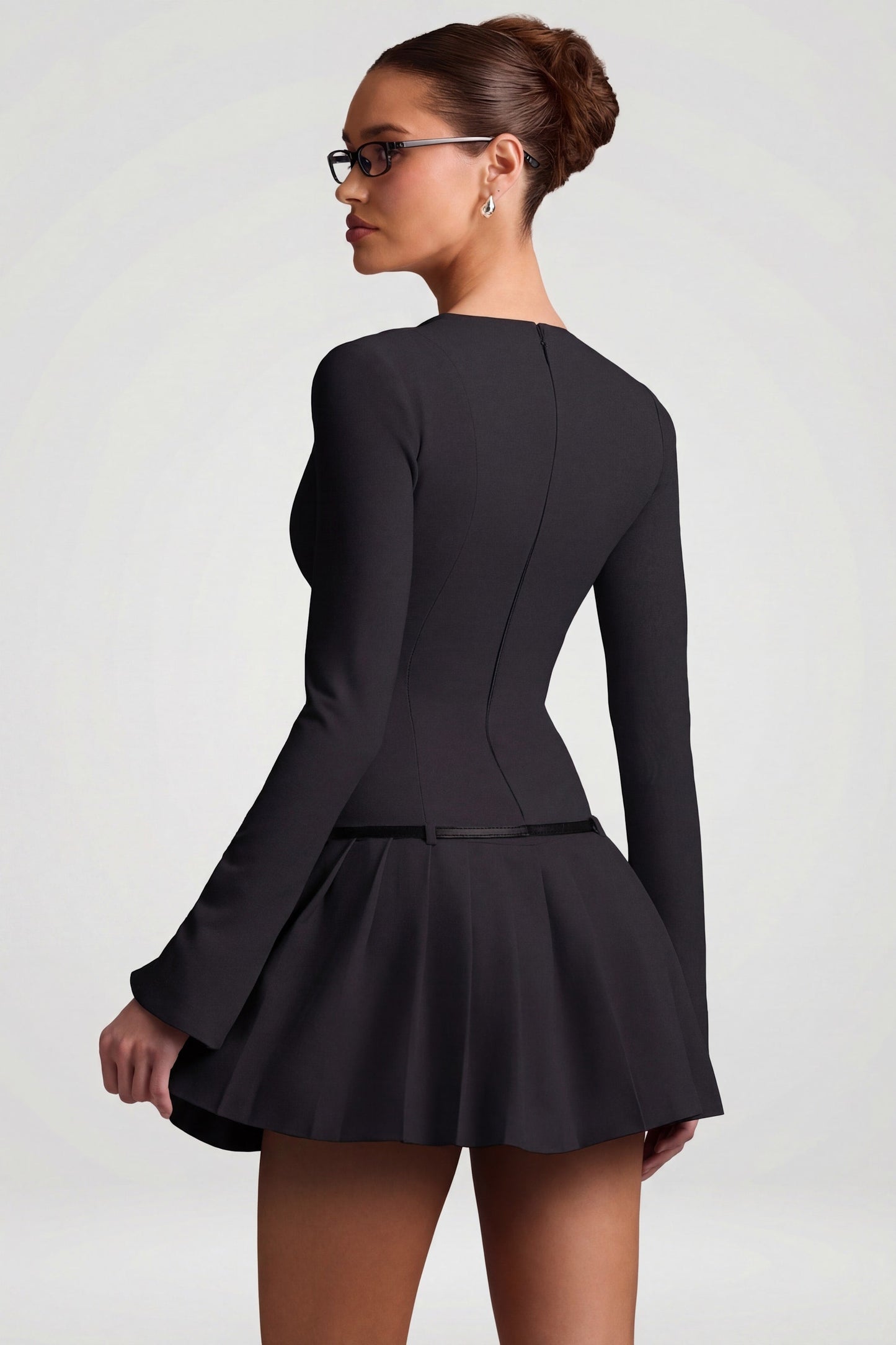 Long-Sleeve Pleated Mini Dress in Black