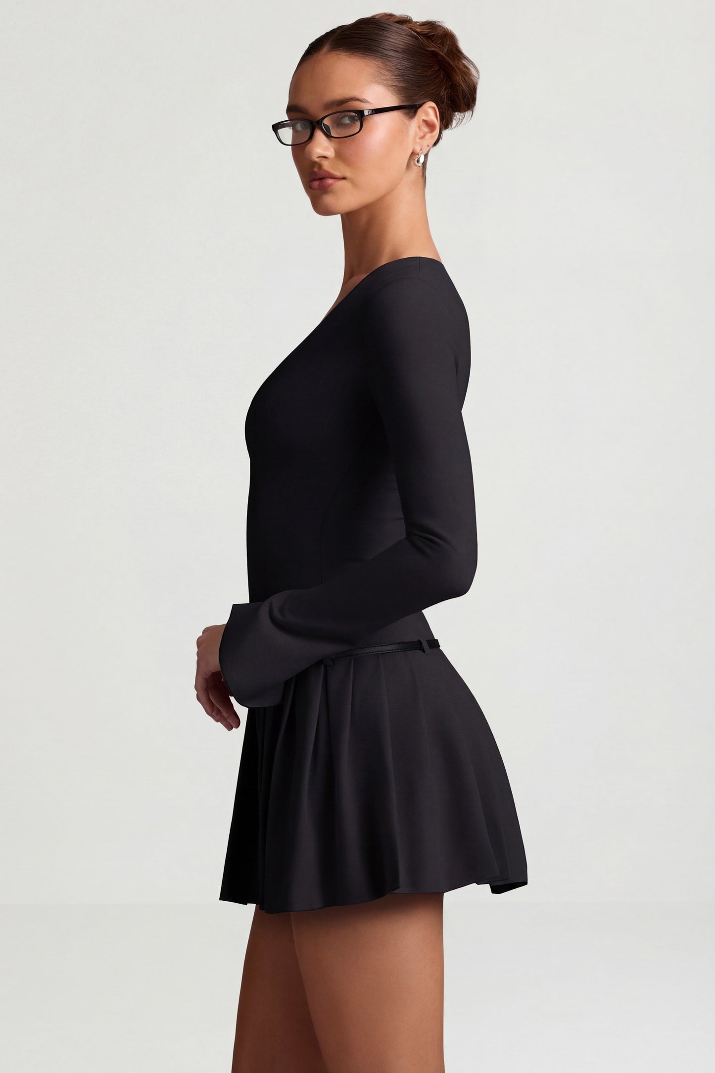 Long-Sleeve Pleated Mini Dress in Black