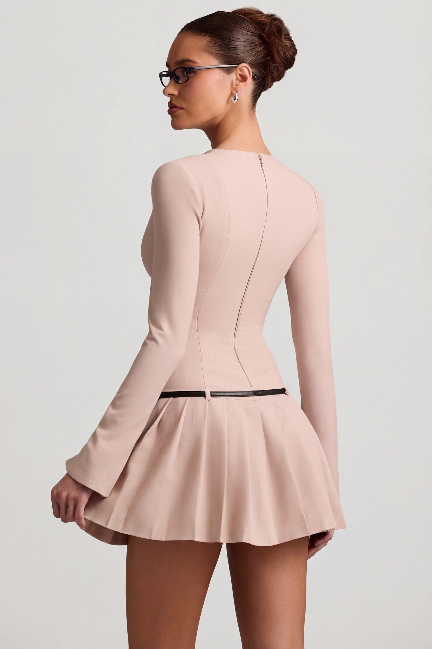 Long-Sleeve Pleated Mini Dress in Mushroom
