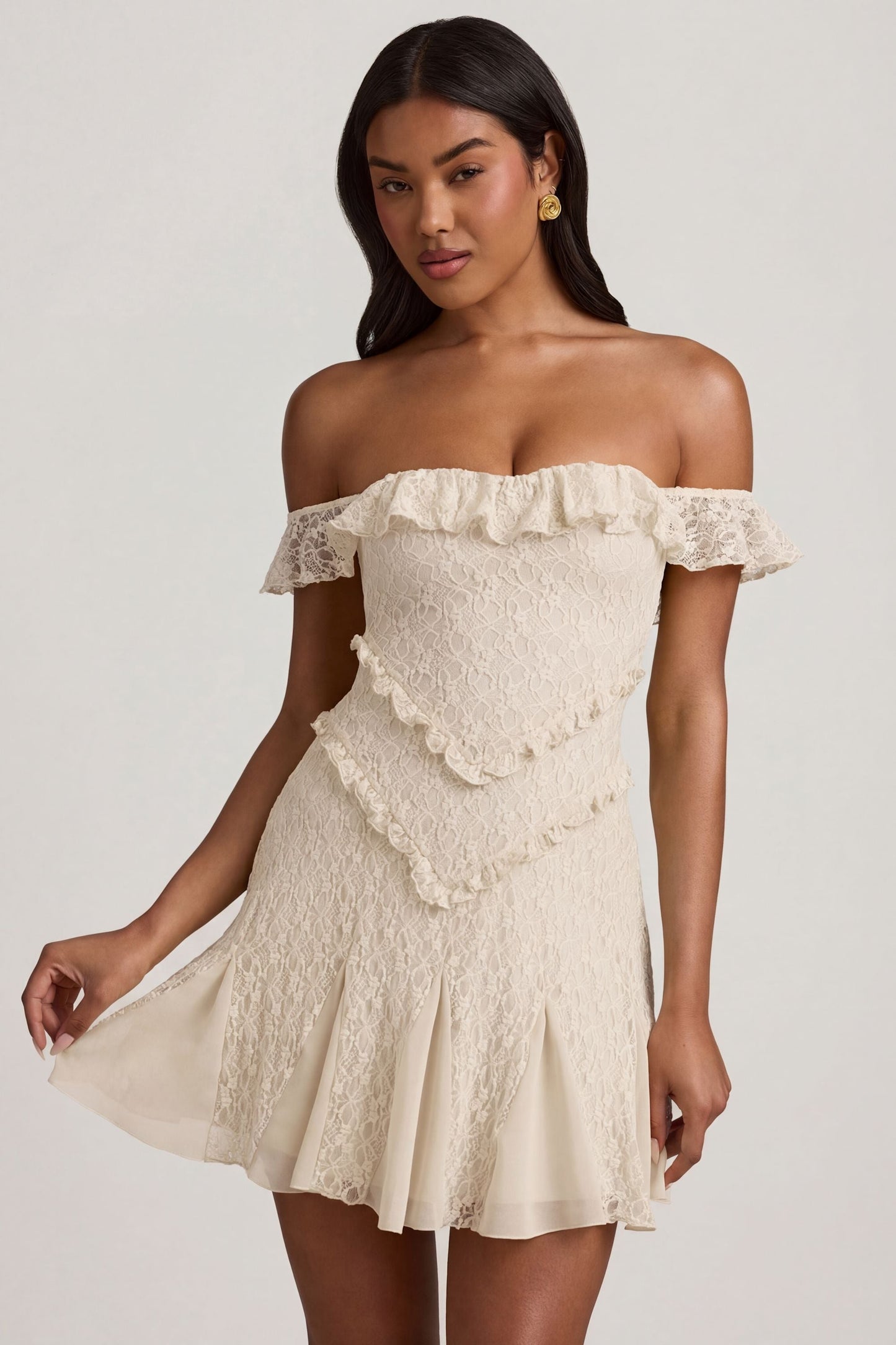 Off-Shoulder Lace A-Line Mini Dress in Ivory