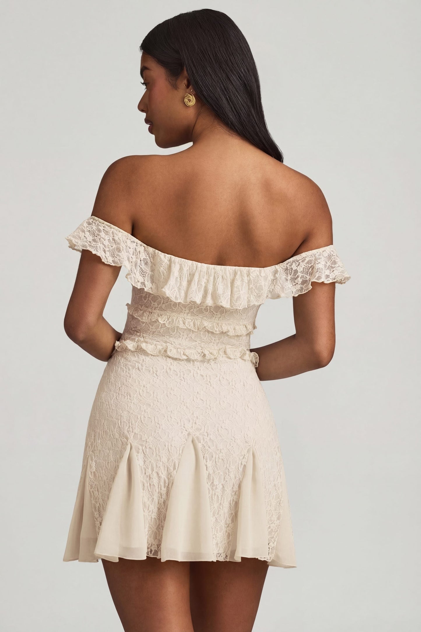 Off-Shoulder Lace A-Line Mini Dress in Ivory