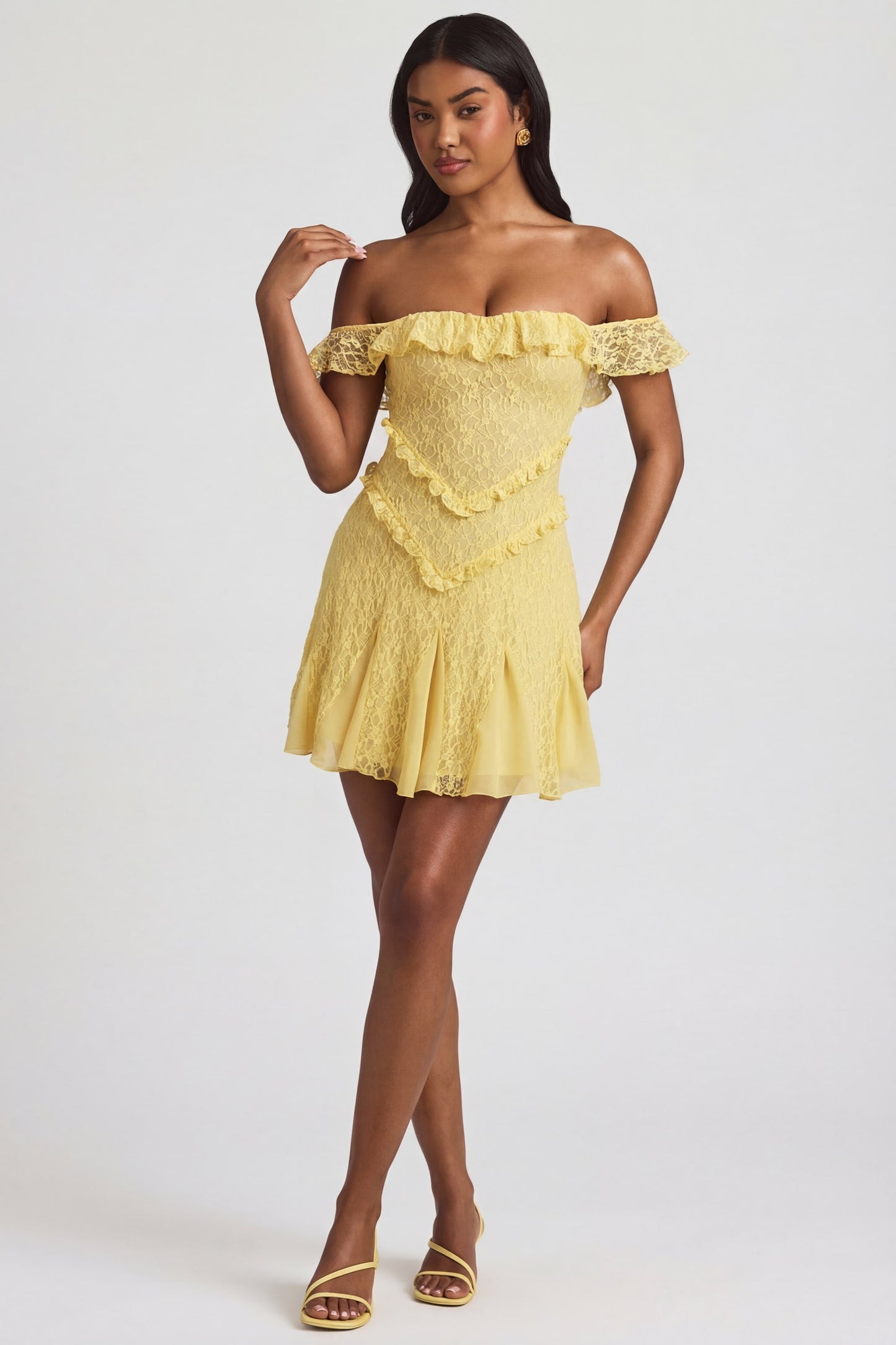 Off-Shoulder Lace A-Line Mini Dress in Pastel Yellow