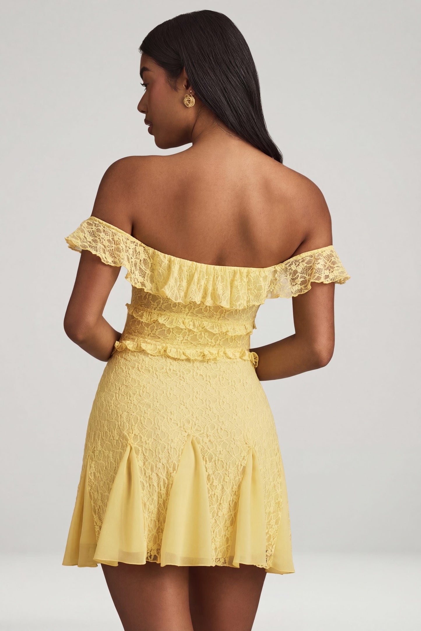 Off-Shoulder Lace A-Line Mini Dress in Pastel Yellow