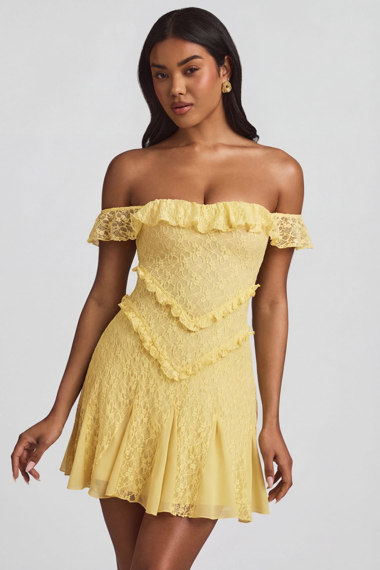 Off-Shoulder Lace A-Line Mini Dress in Pastel Yellow