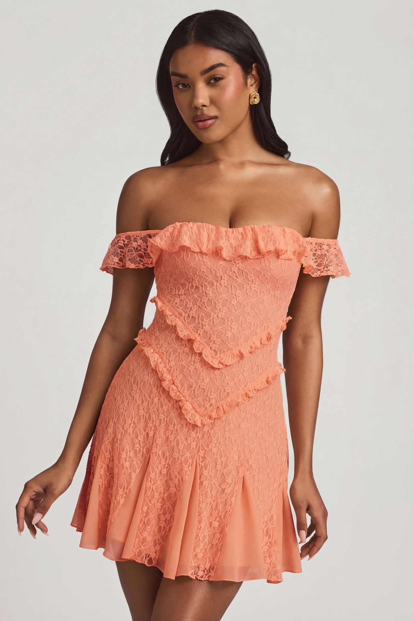 Off-Shoulder Lace A-Line Mini Dress in Peach