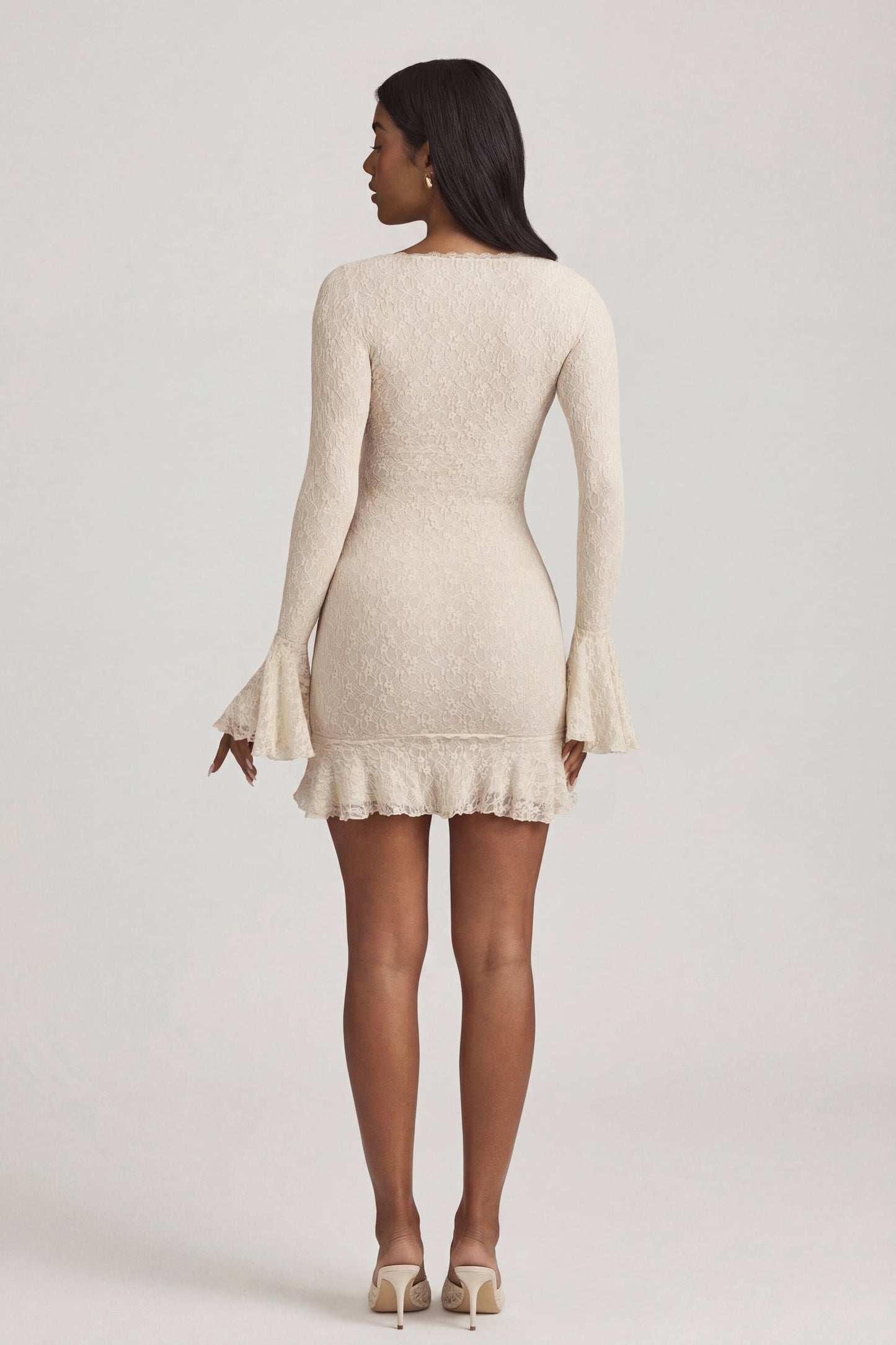 Long-Sleeve Ruffled Lace Mini Dress in Ivory