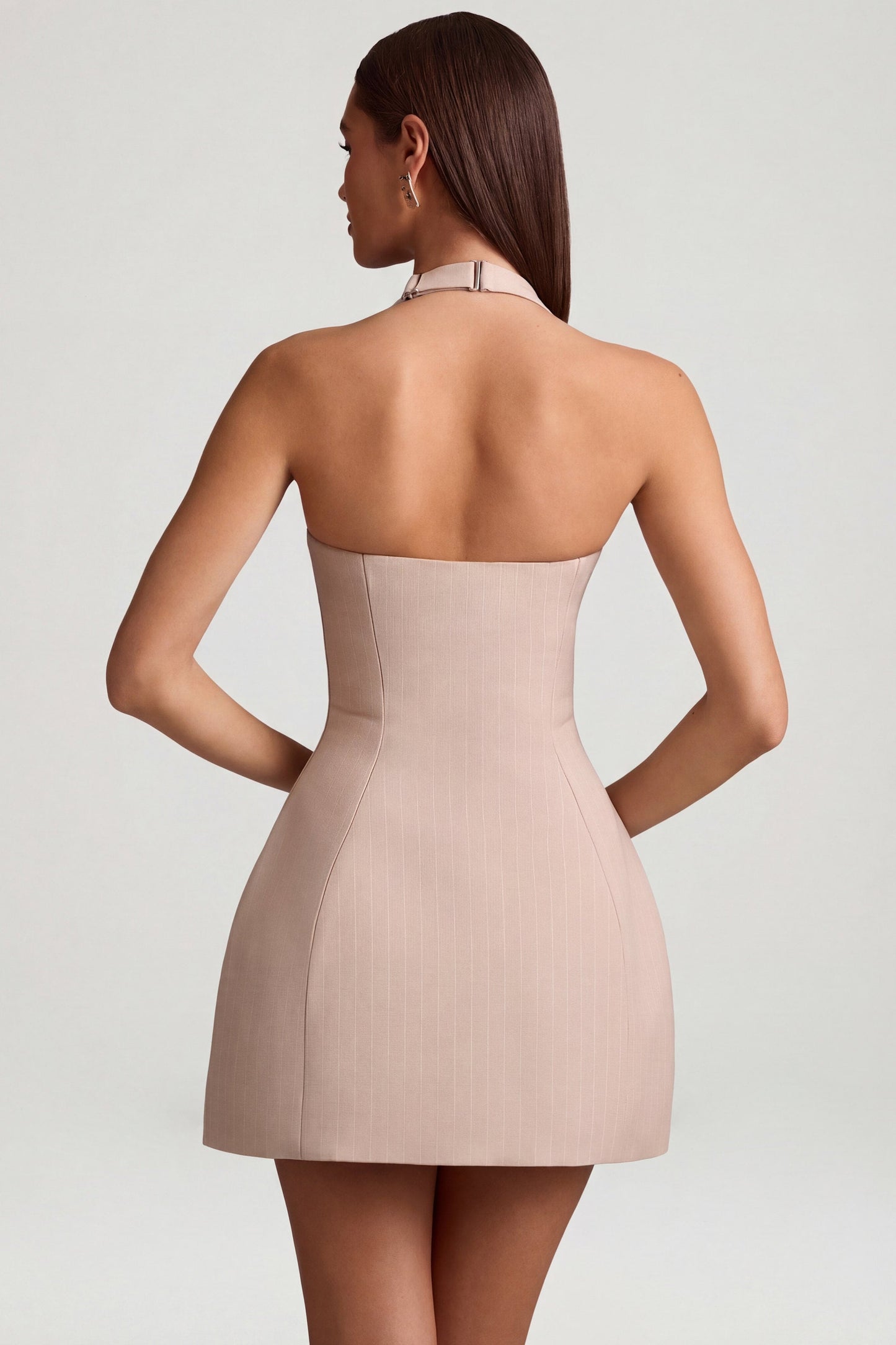 Pinstripe Halterneck Structured A-Line Mini Dress in Mushroom