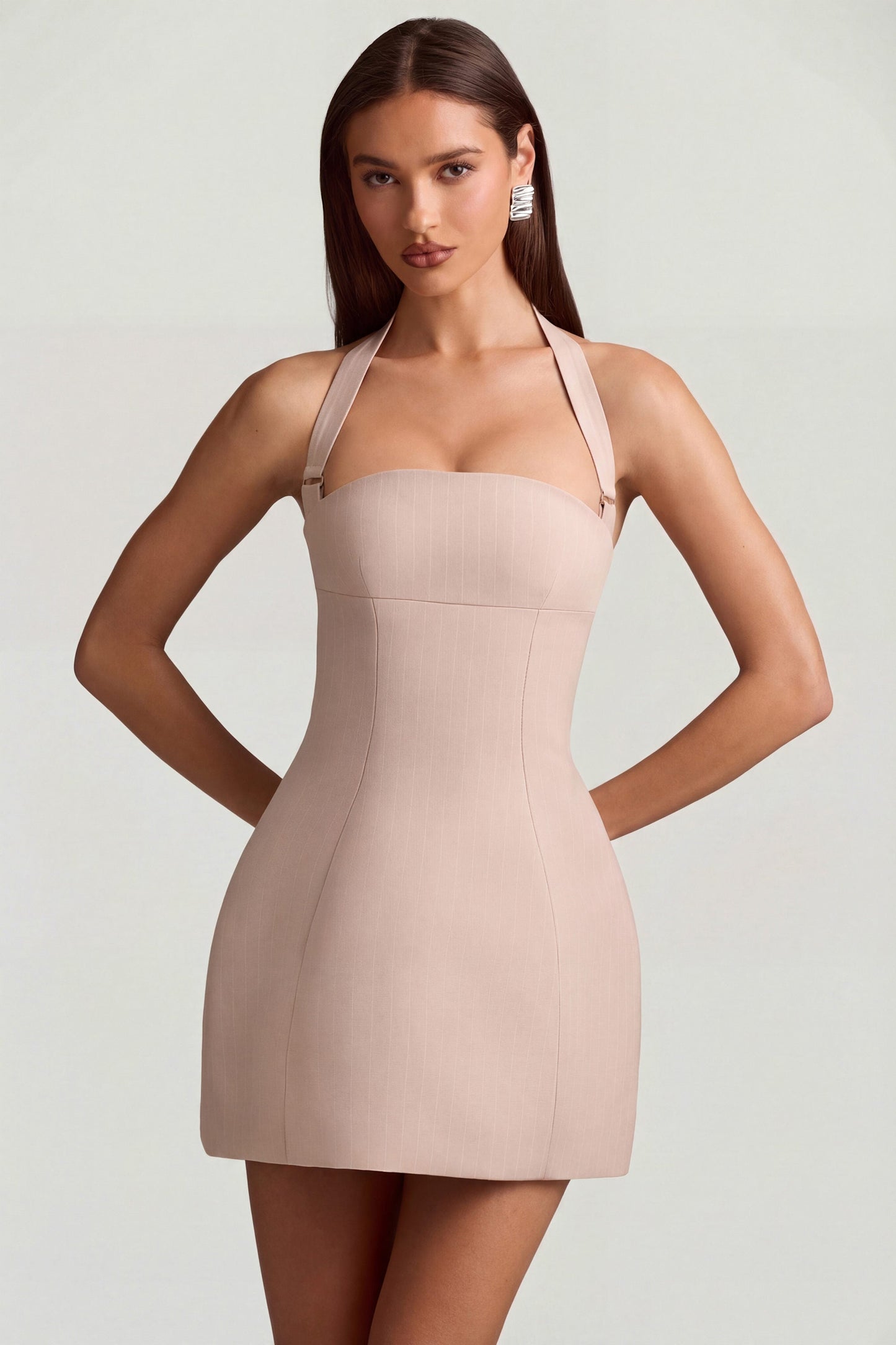 Pinstripe Halterneck Structured A-Line Mini Dress in Mushroom