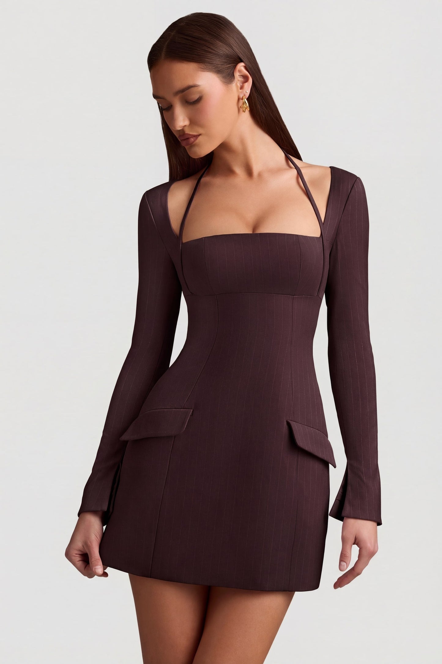 Pinstripe Structured A-Line Mini Dress in Chocolate Brown