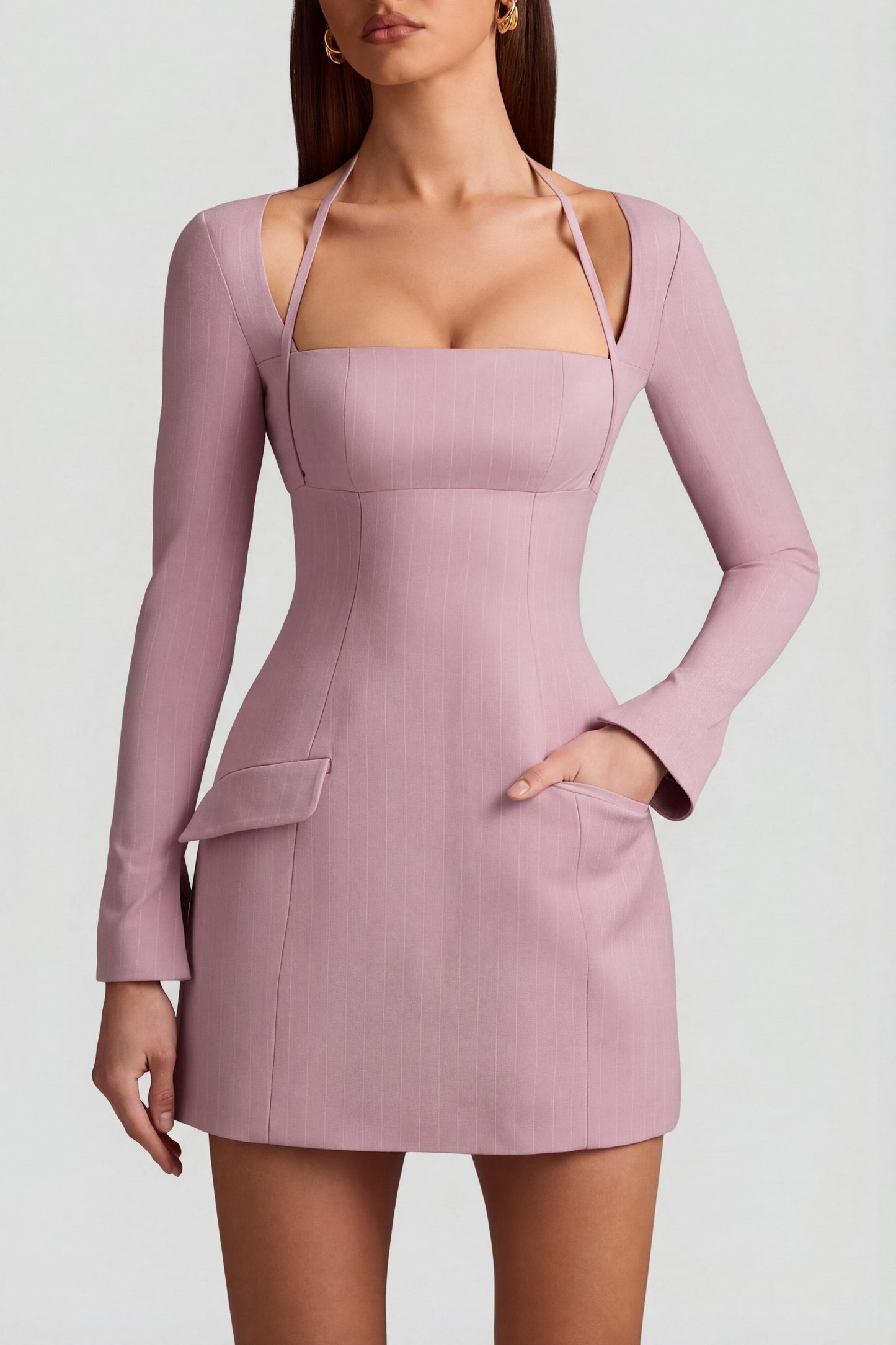 Pinstripe Structured A-Line Mini Dress in Mauve