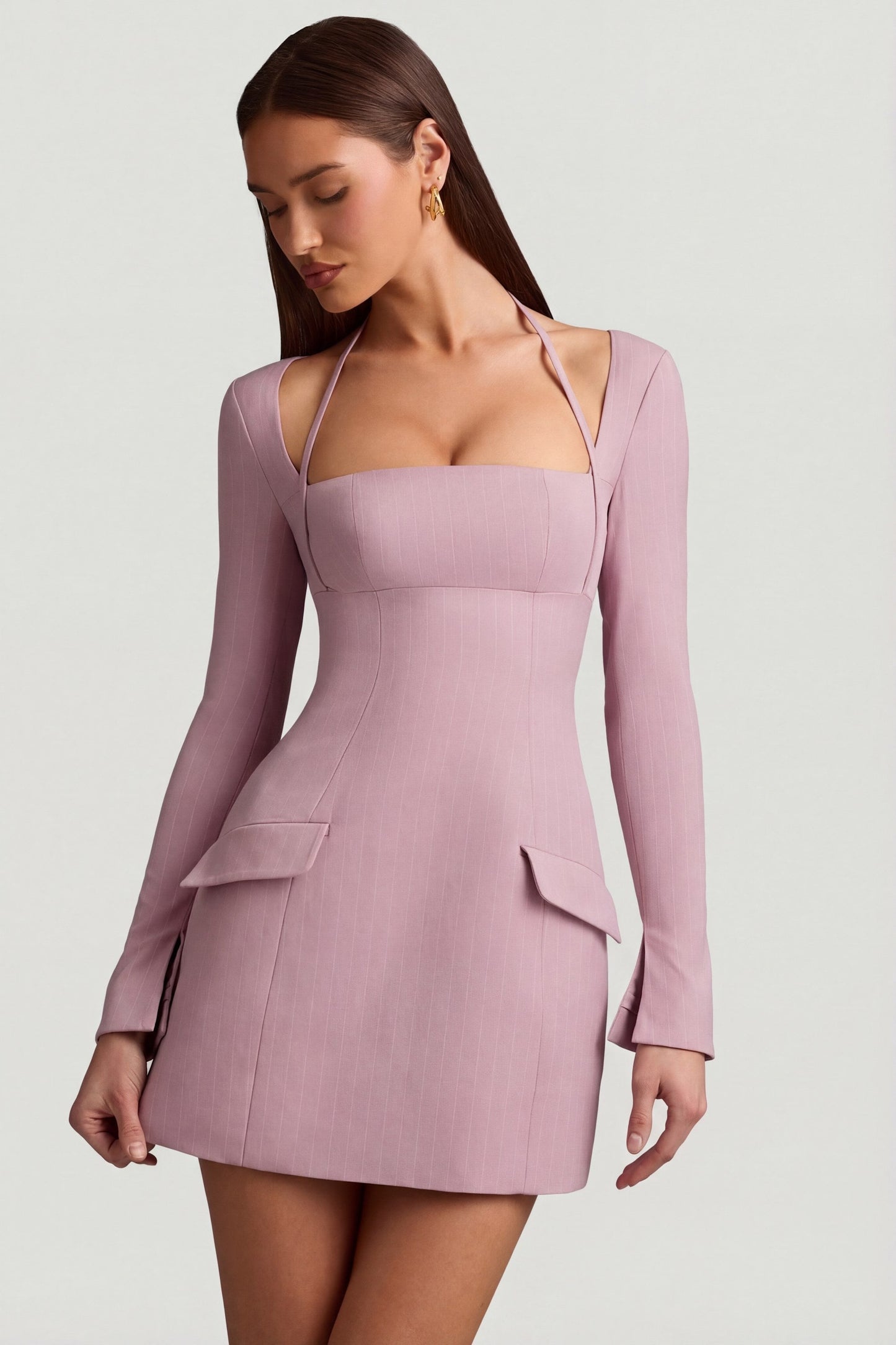 Pinstripe Structured A-Line Mini Dress in Mauve