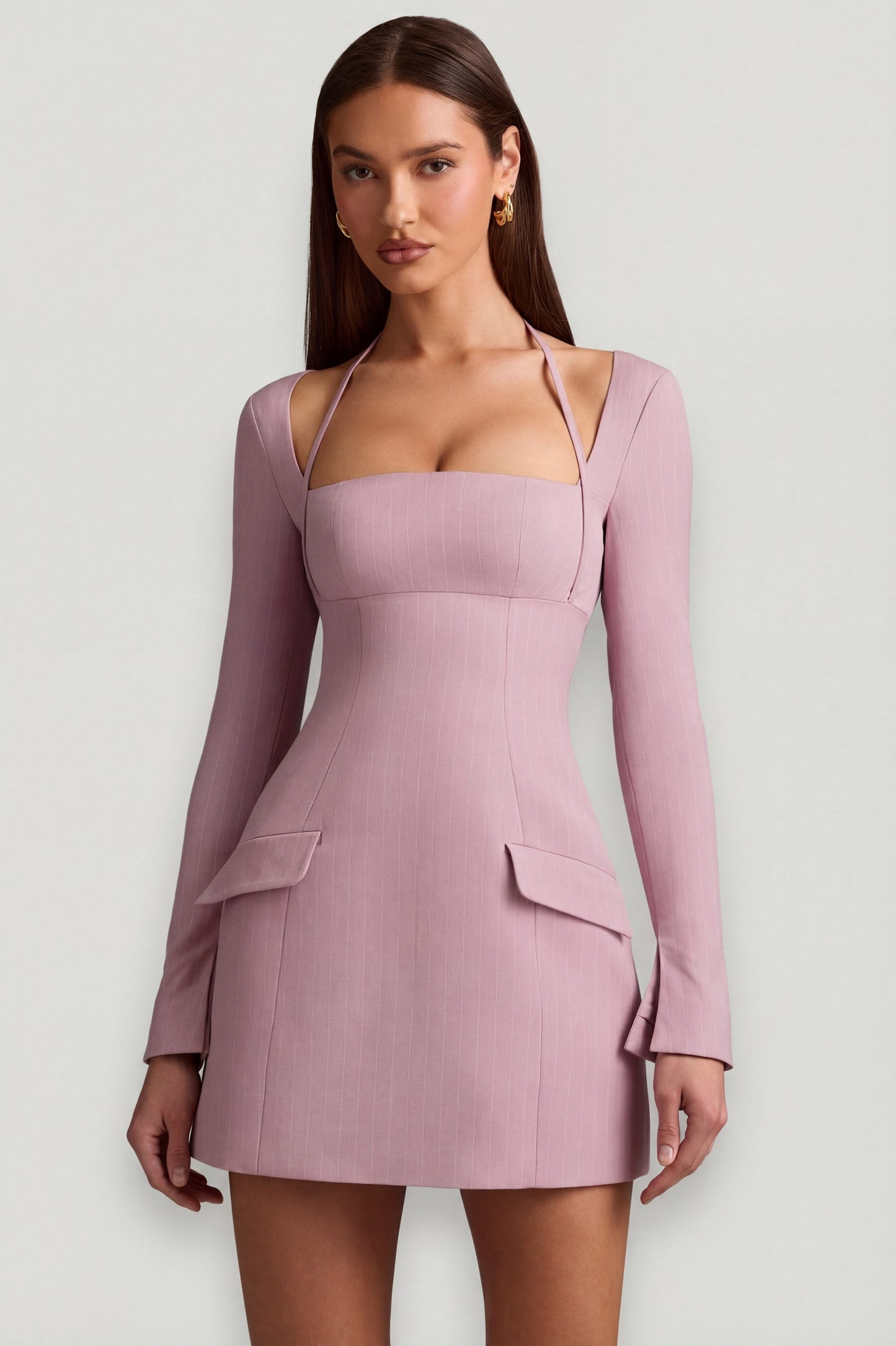 Pinstripe Structured A-Line Mini Dress in Mauve