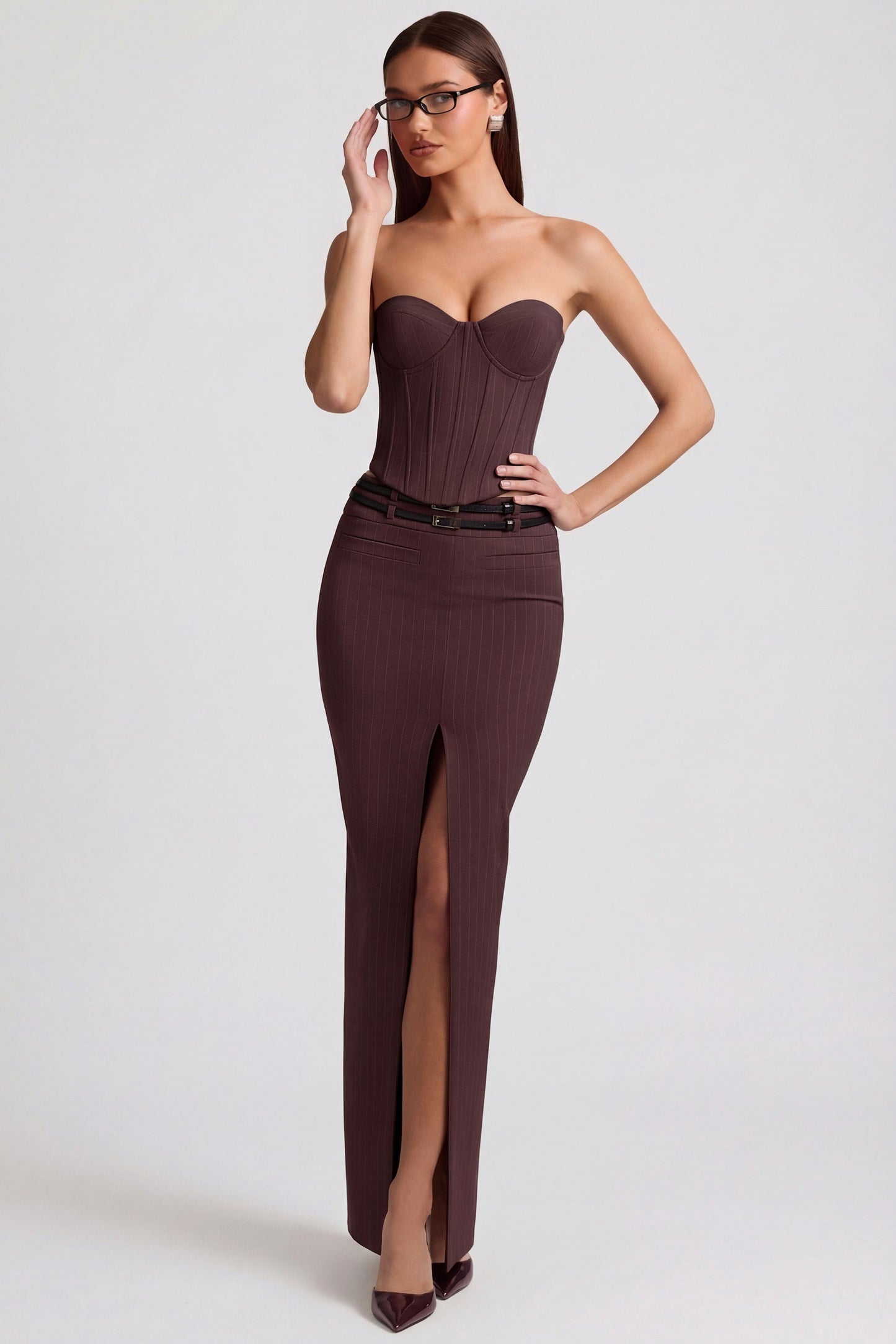 Pinstripe Low-Rise Maxi Skirt in Chocolate Brown