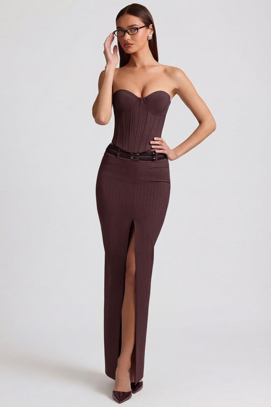 Pinstripe Low-Rise Maxi Skirt in Chocolate Brown