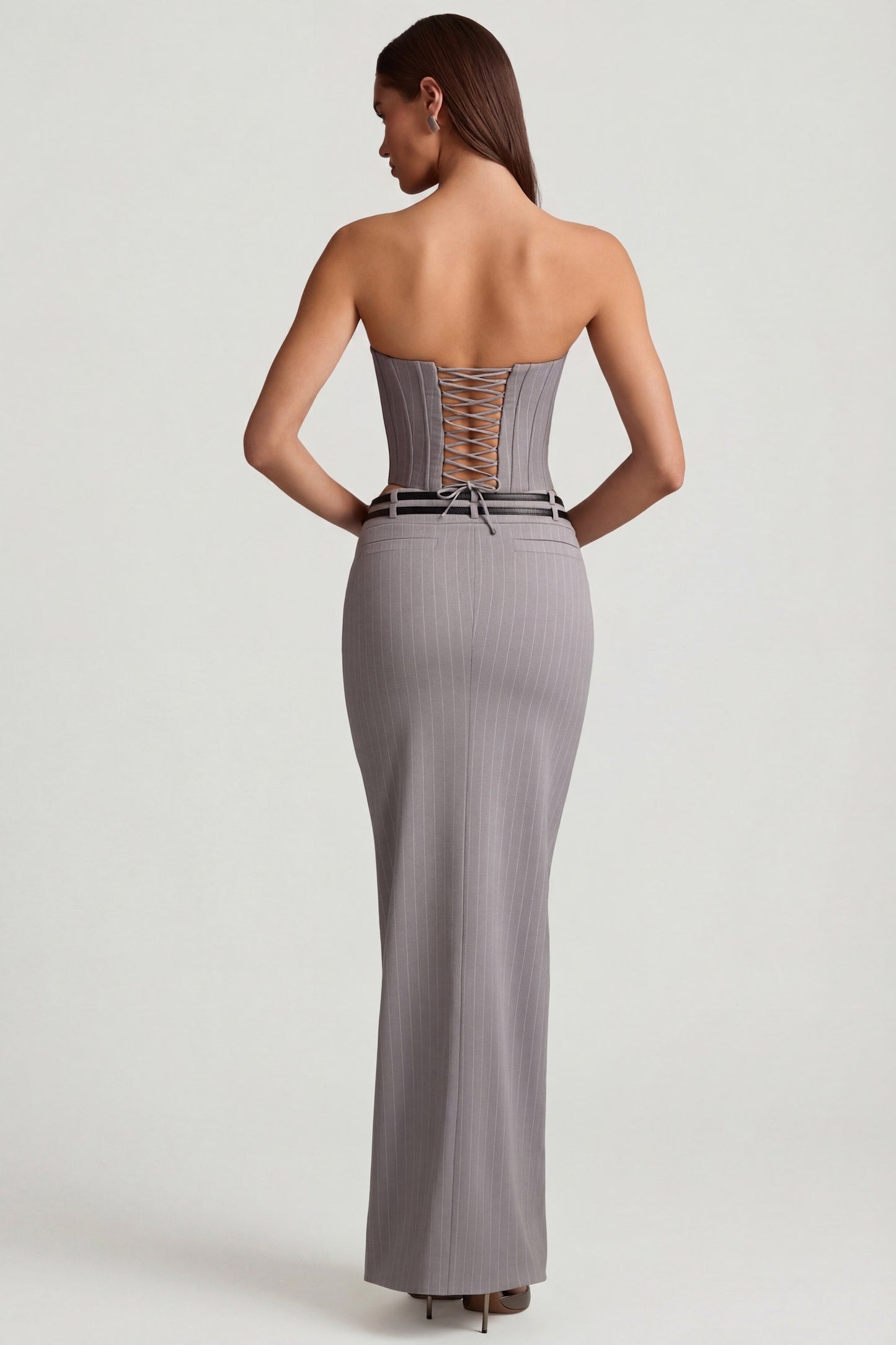 Pinstripe Low-Rise Maxi Skirt in Grey