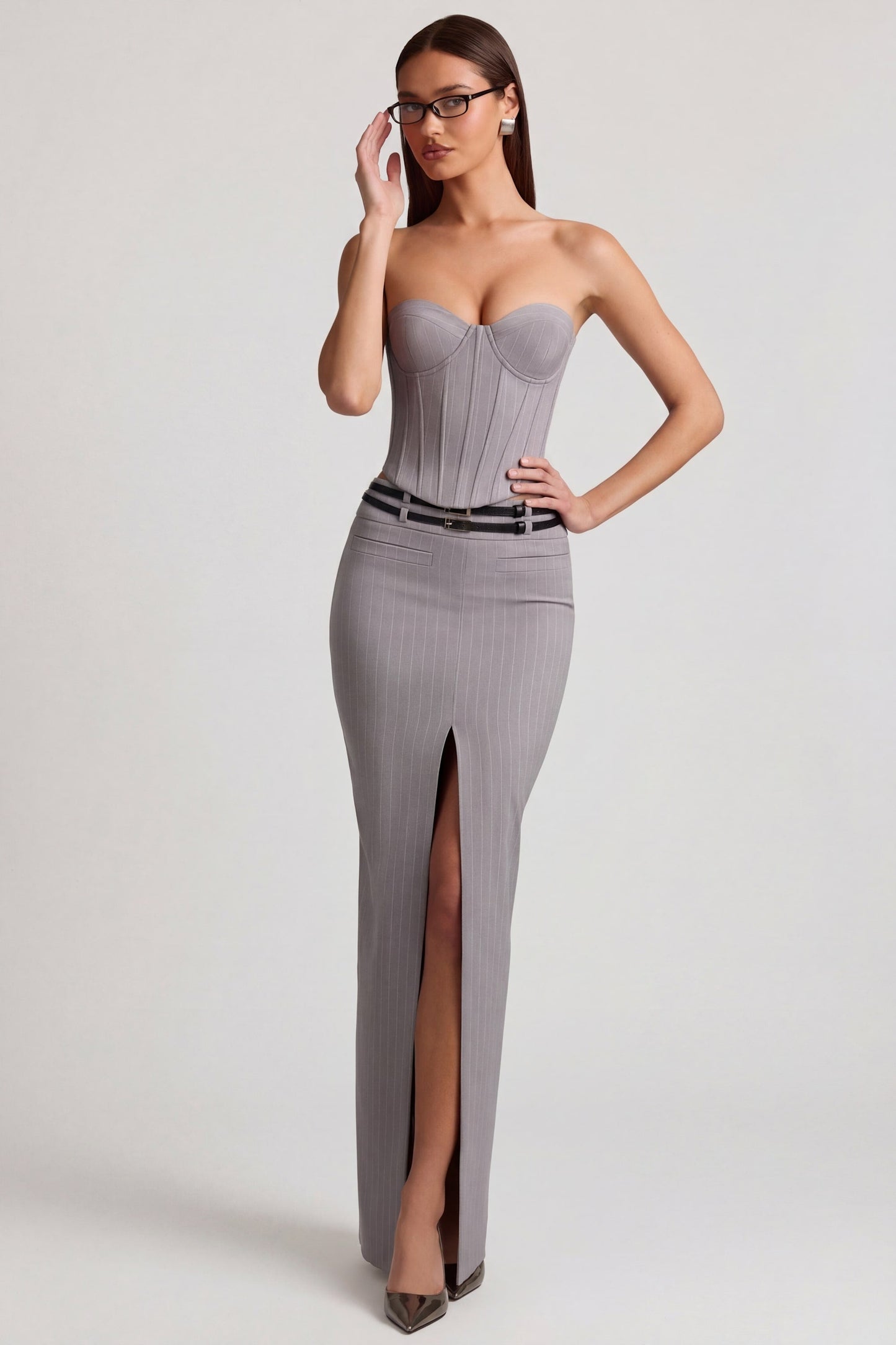 Pinstripe Low-Rise Maxi Skirt in Grey
