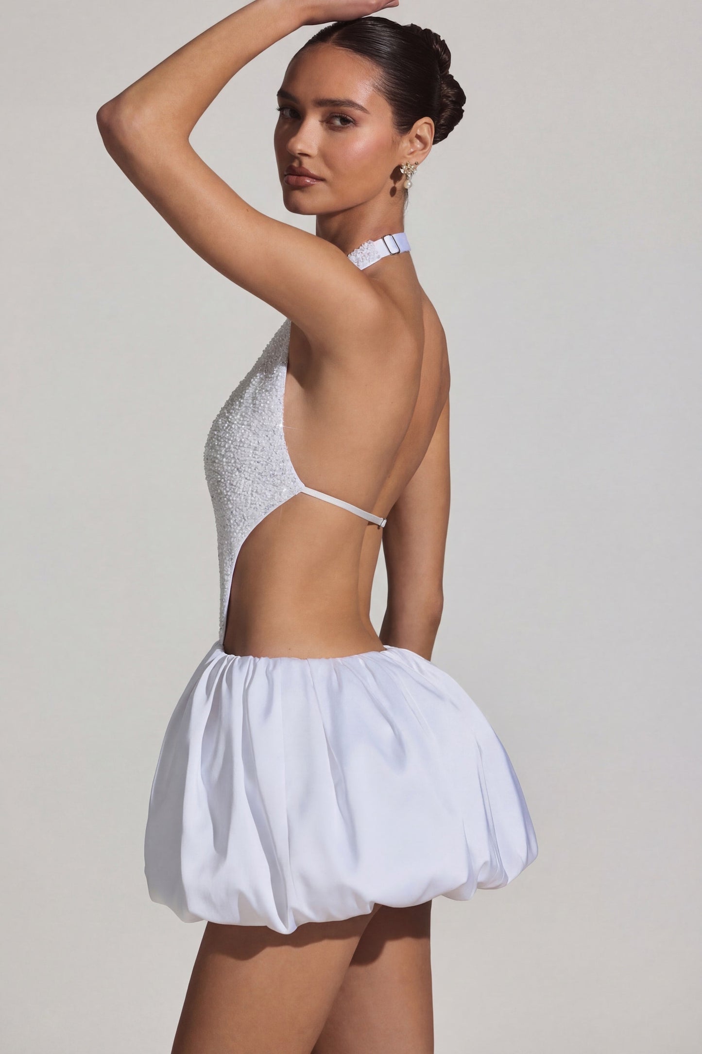 Embellished Cut-Out Bubble Hem Mini Dress in White