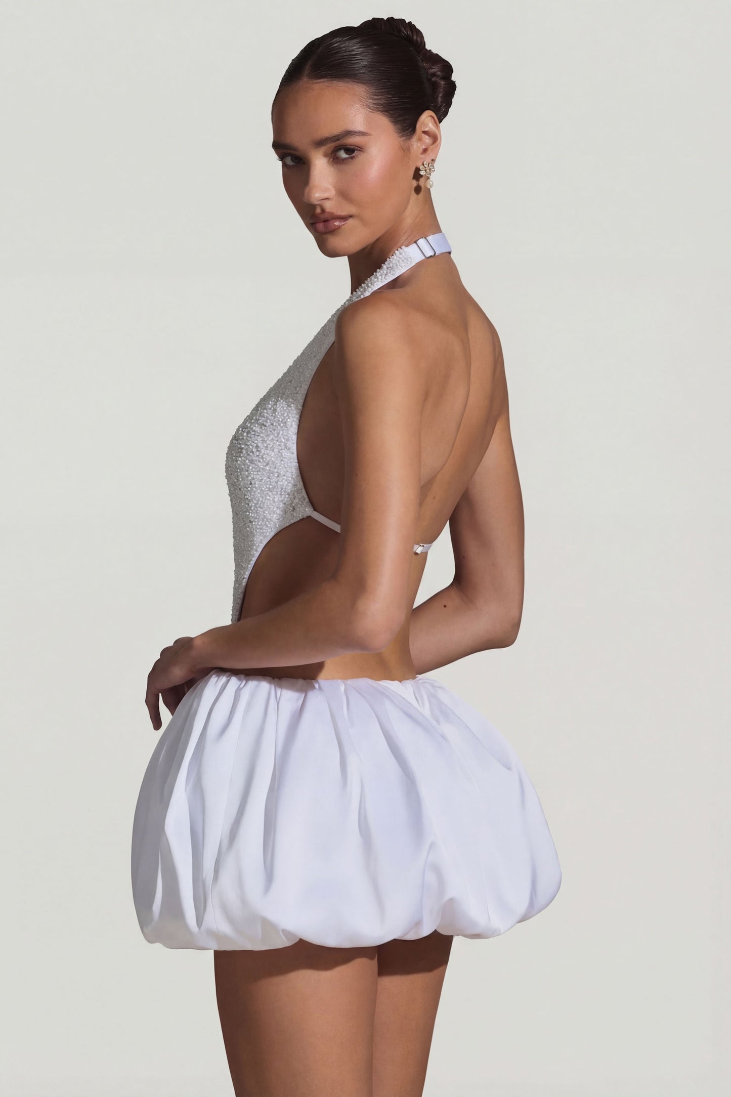 Embellished Cut-Out Bubble Hem Mini Dress in White